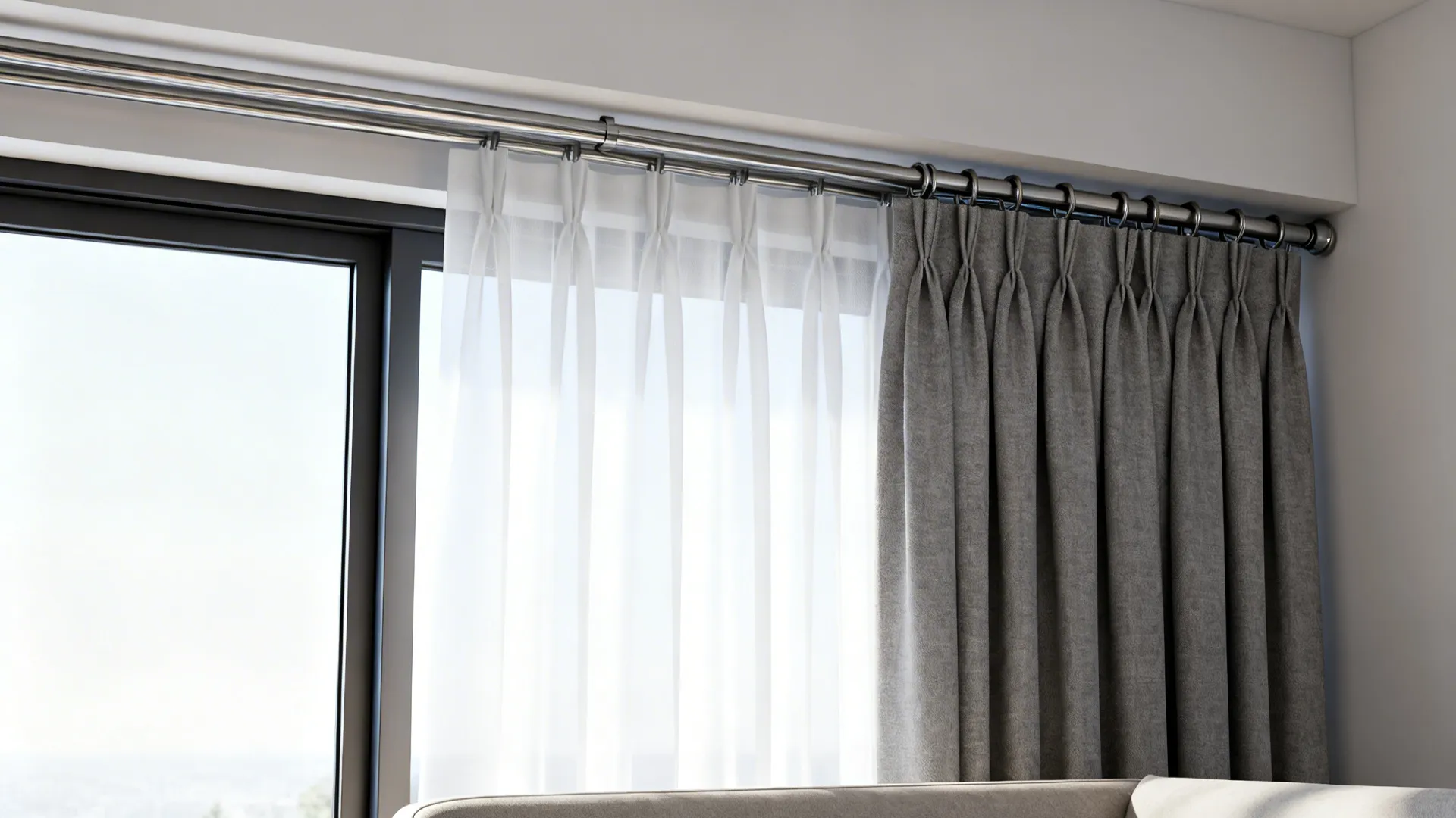 Double-rod window with white sheer and mid-grey drape in a small living room