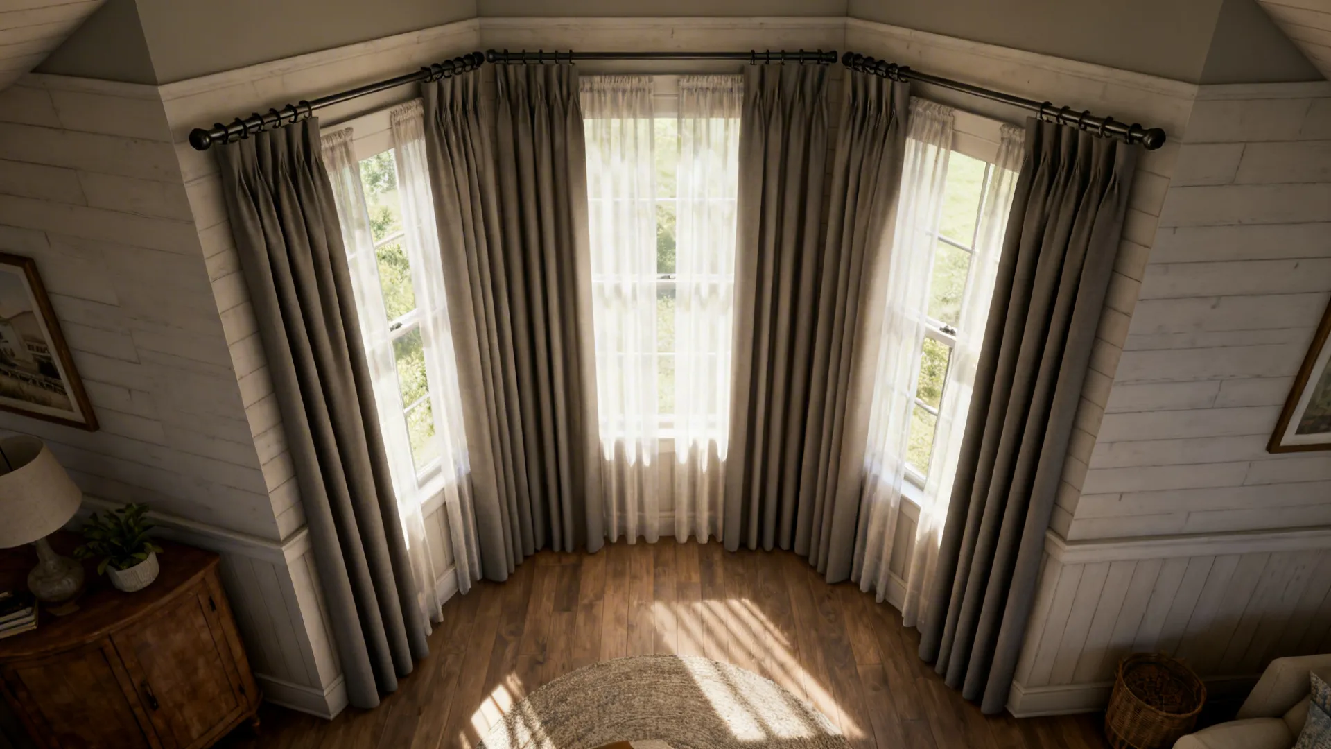 Top-down view of layered sheers and block panels on double rods with placement measurements