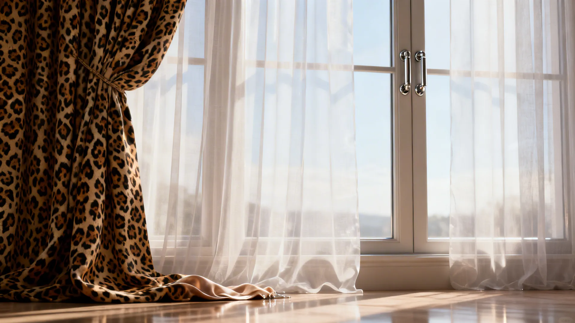 Layered sheers in front of leopard drapes with soft daylight filtering through.