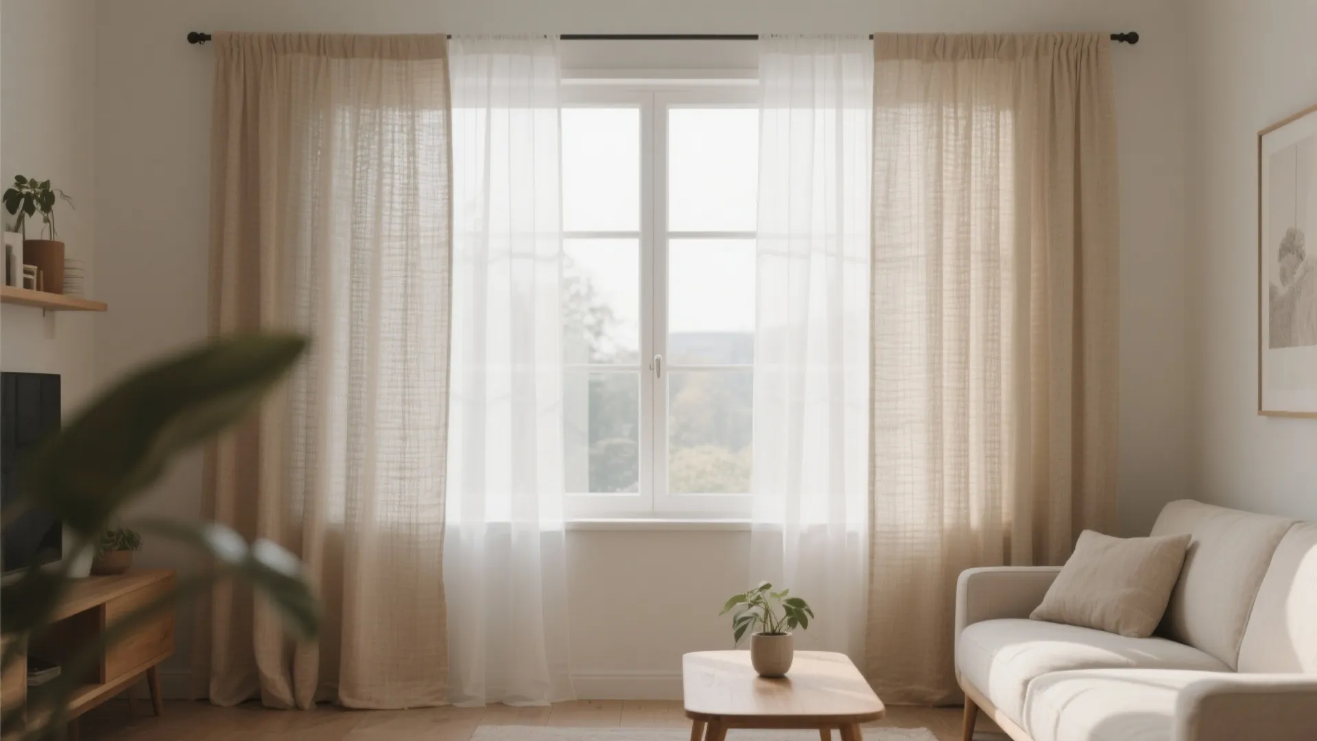Layered white sheers with warm textured linen panels softly diffuse daylight in a small living room.