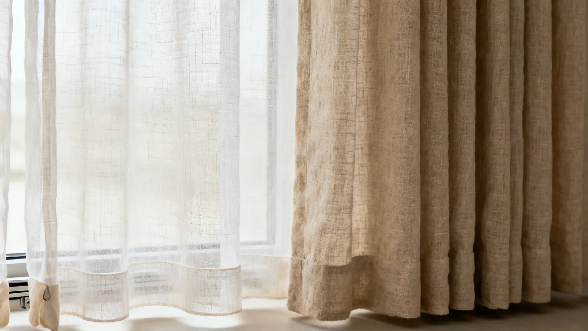 Macro of sheer voile layered over linen curtain showing texture and soft light.