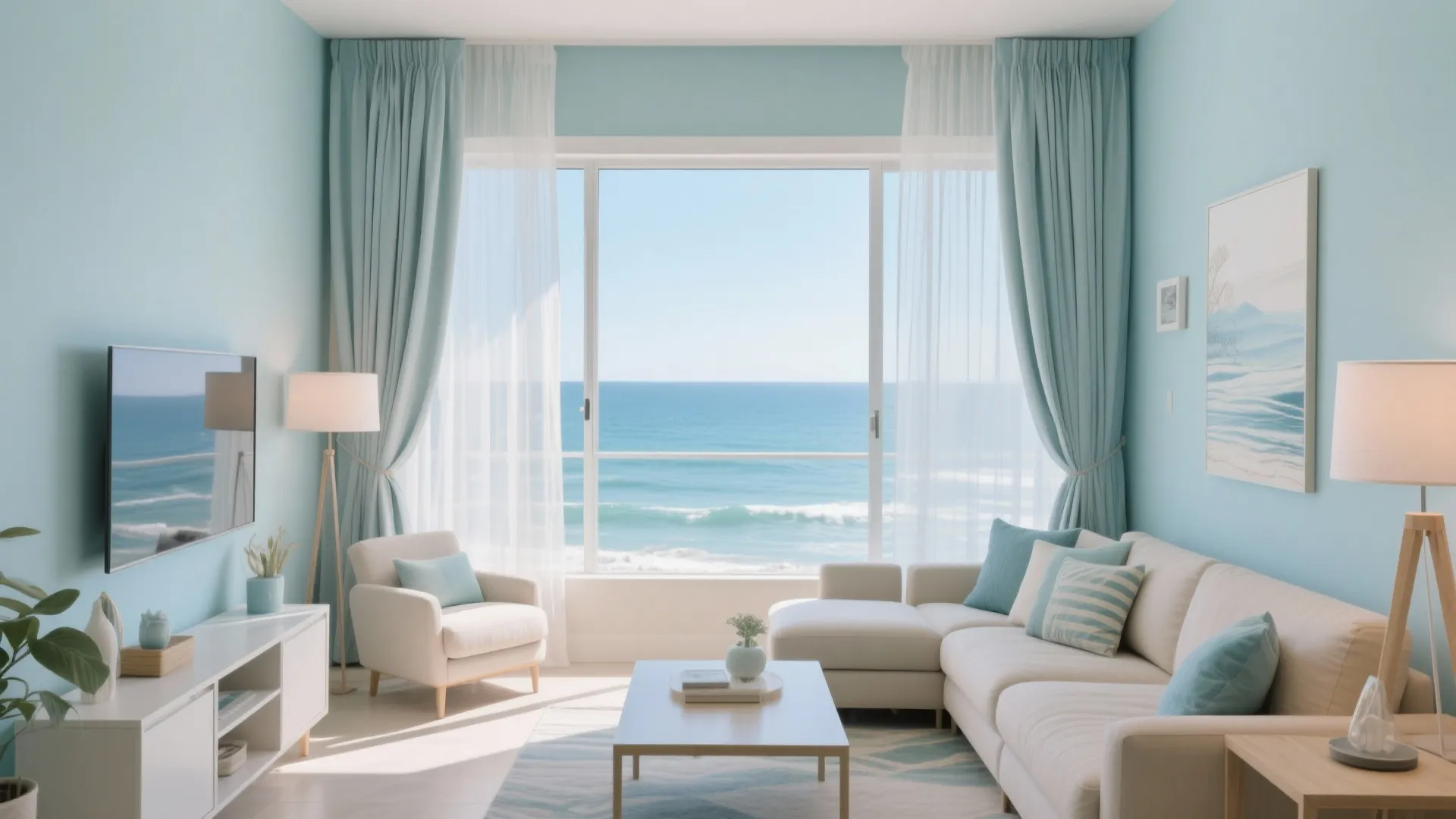 Layered sheer curtains and pleated drapes in a bright coastal condo