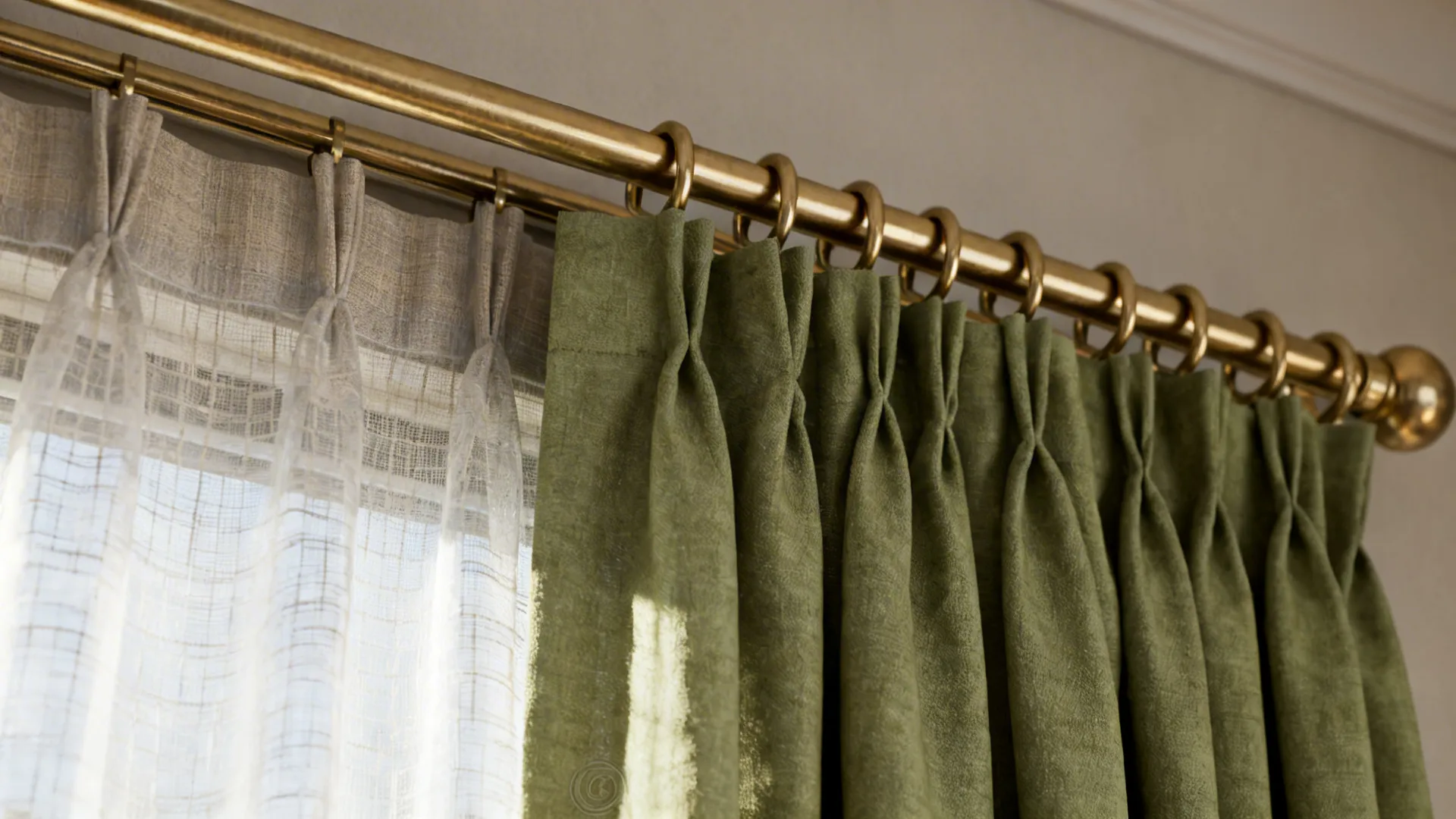 Green curtain and white thin curtain hanging on a gold metal rod with small round rings