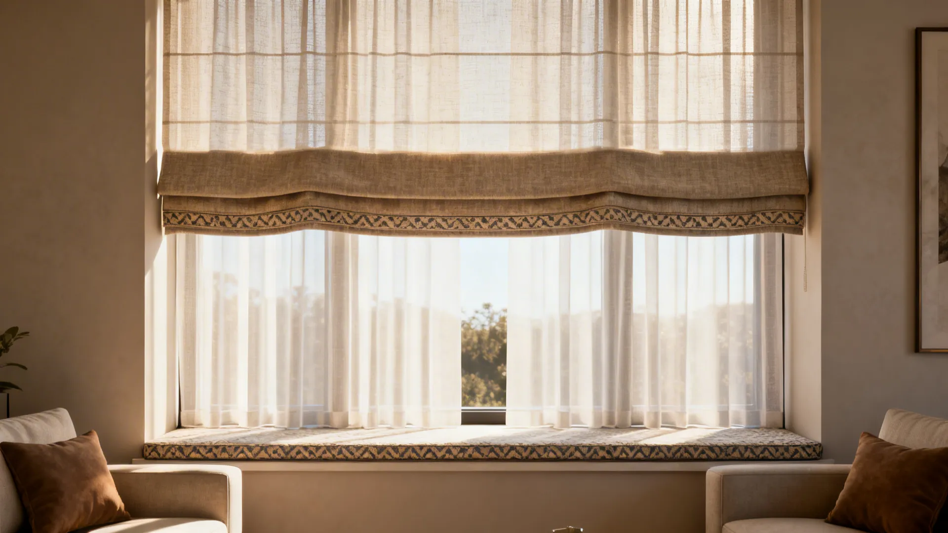 Beige fabric curtains and sheer panels on a large window with sunlight and two sofas