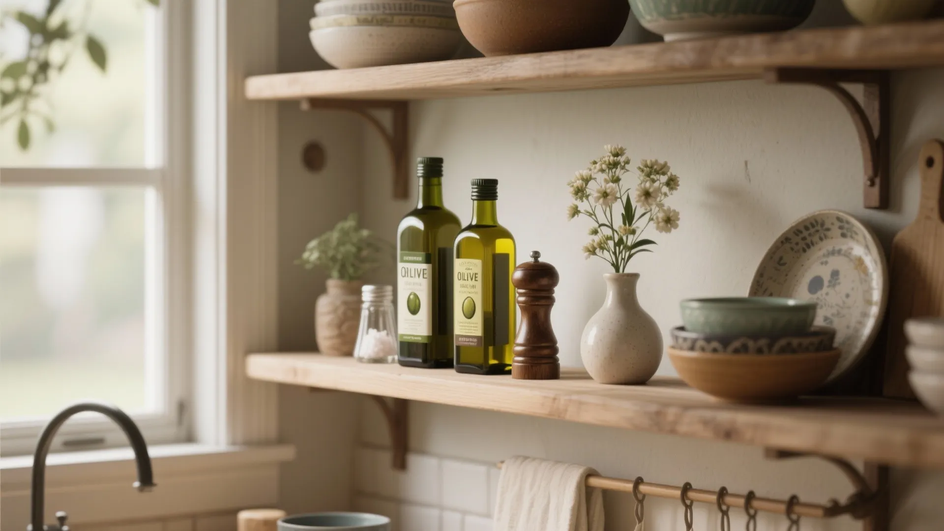 Wooden kitchen shelves with olive oil bottles, pepper mill, white flowers, and ceramic dining plates