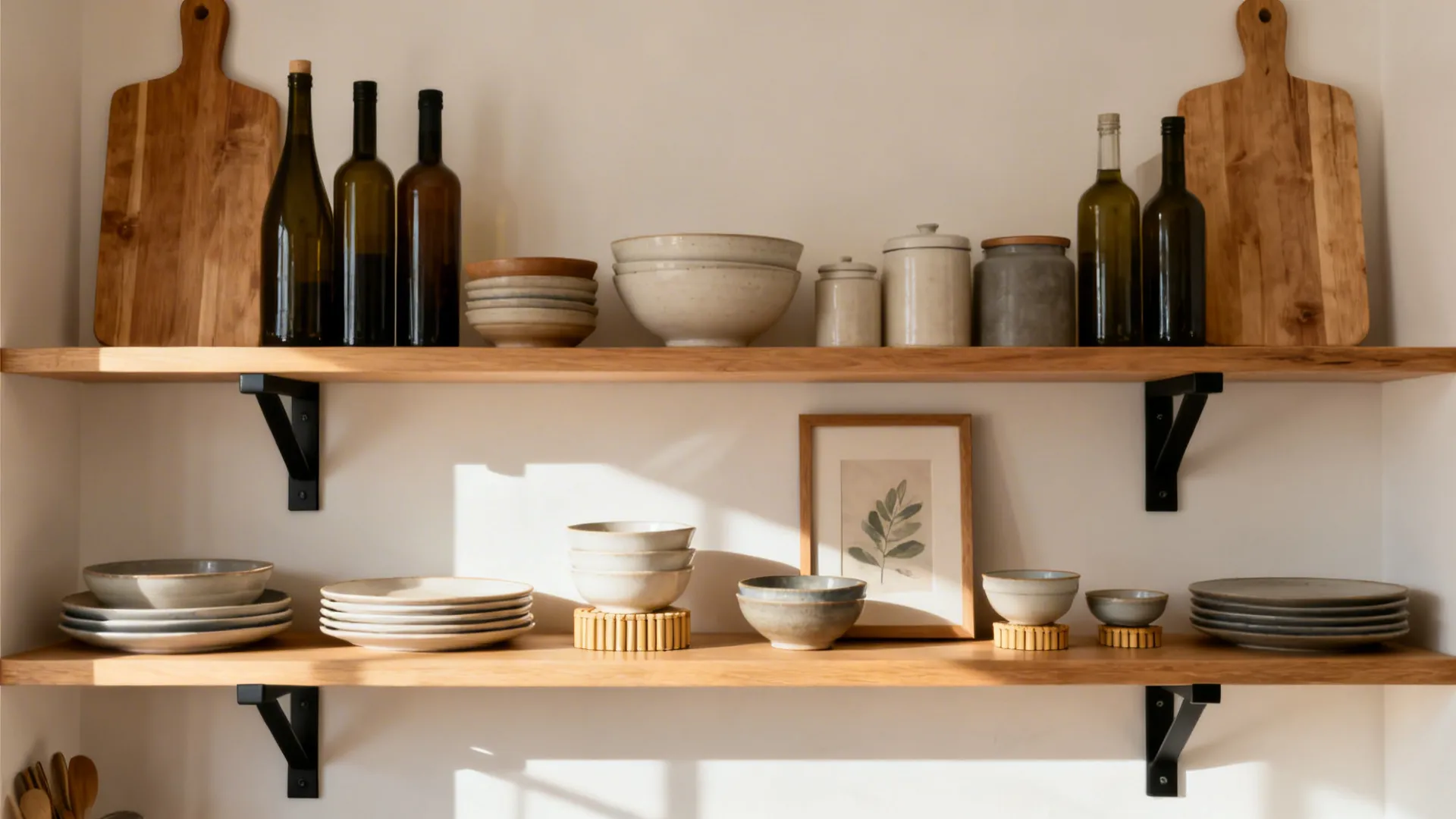 Open shelves with staggered heights, cutting boards, bowls, and a framed print for depth.