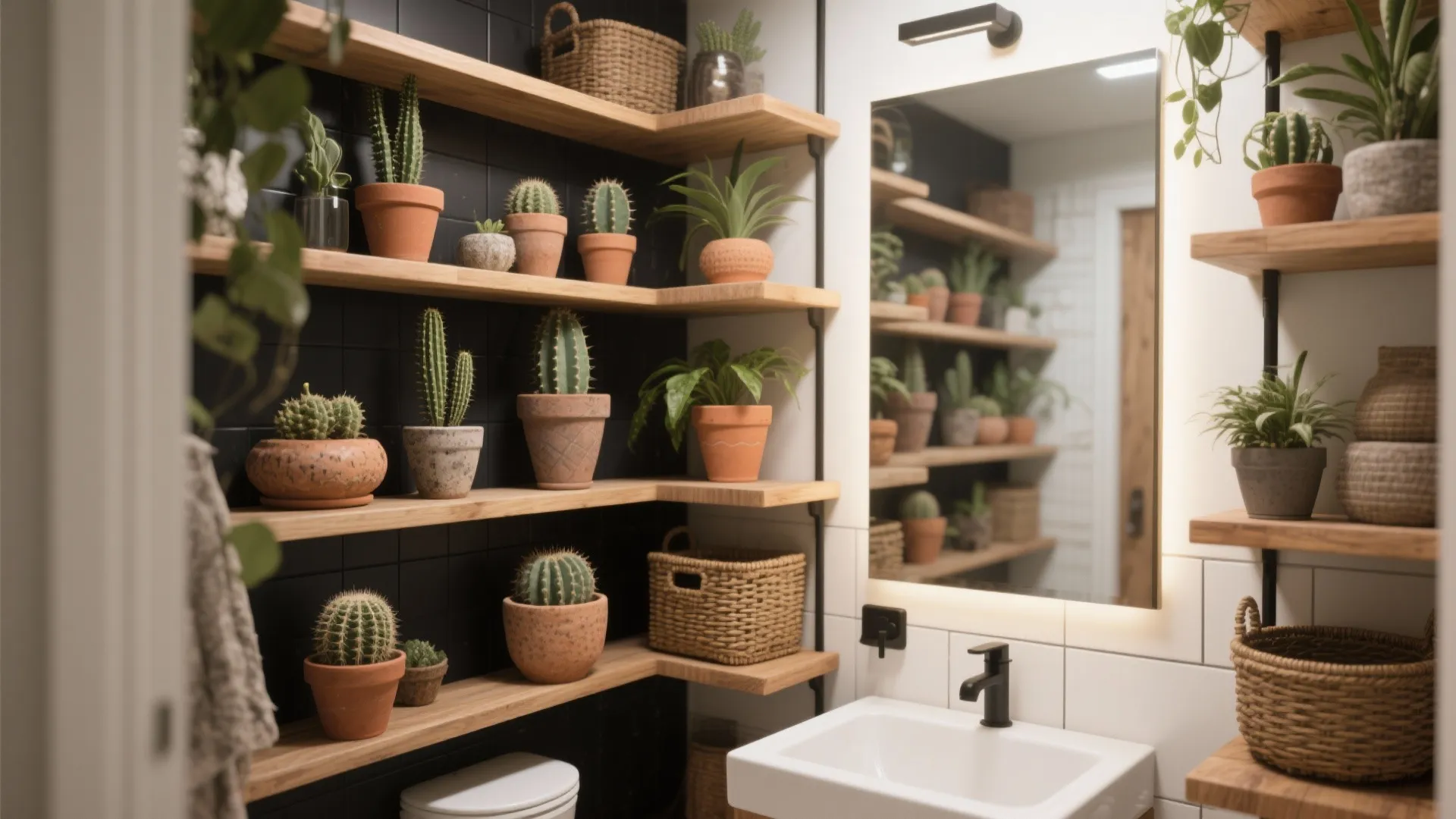 3. Layered Shelves with Textured Pots