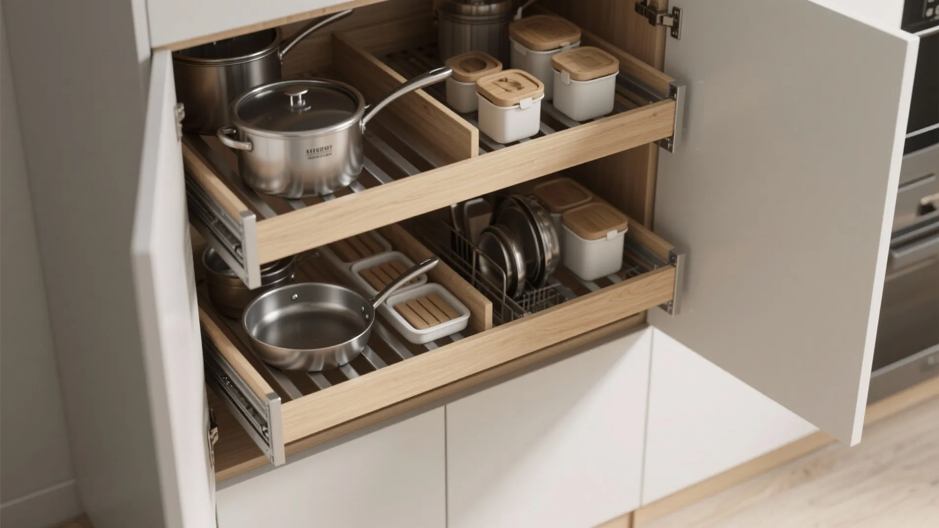 White kitchen cabinet with two wooden pull out drawers containing metal pots pans and jars