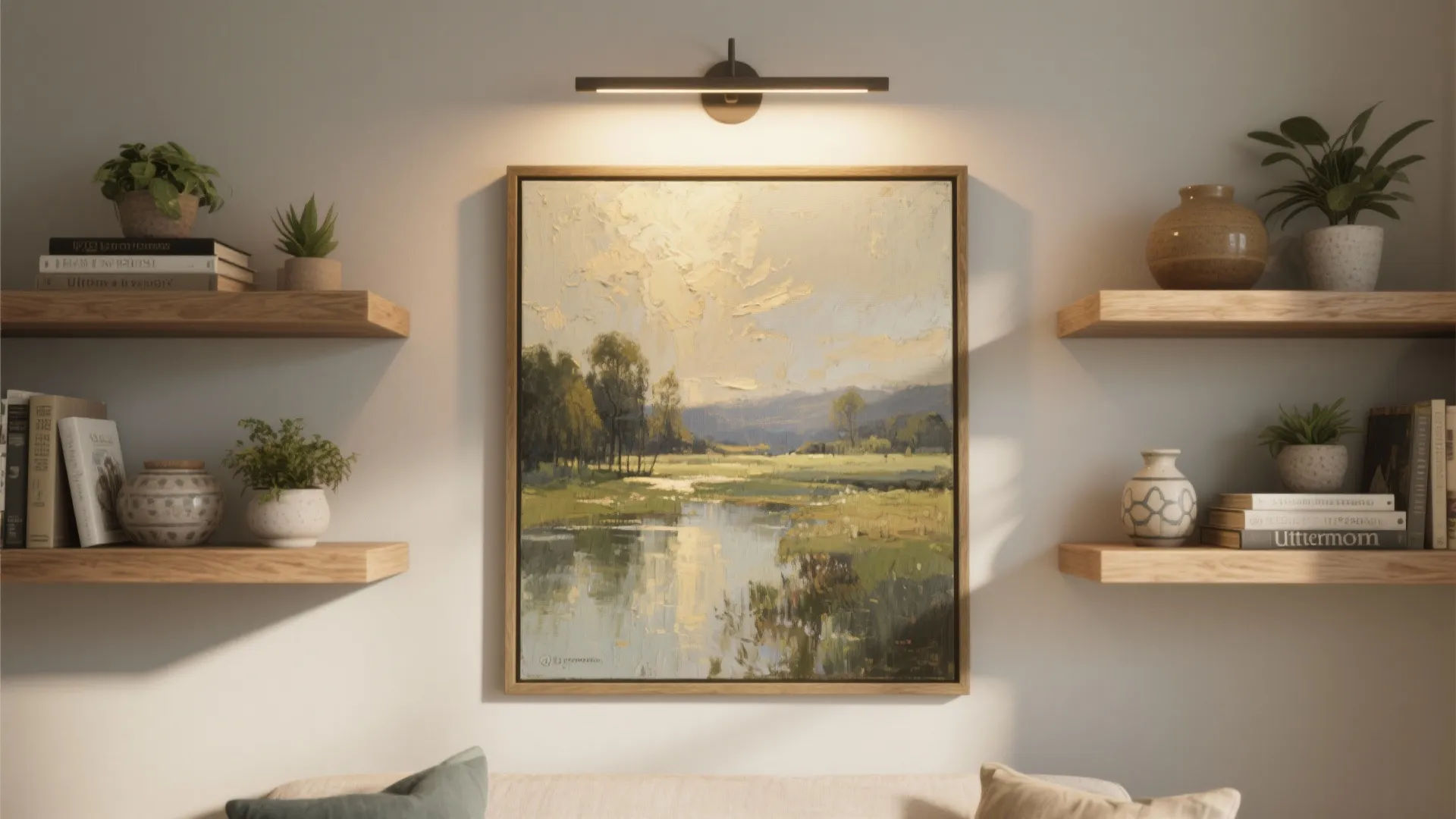 Mid-sized Uttermost painting above floating shelves with books, plants, and adjustable picture lighting emphasizing layered depth.