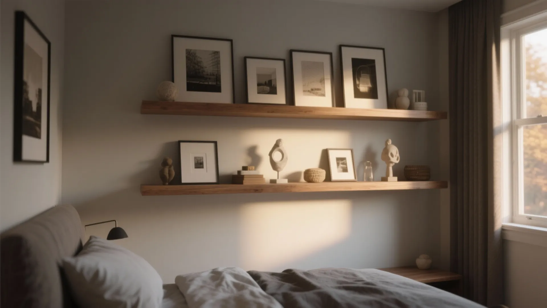 Modern bedroom featuring wooden wall shelves with framed art and small sculptures under warm sunlight