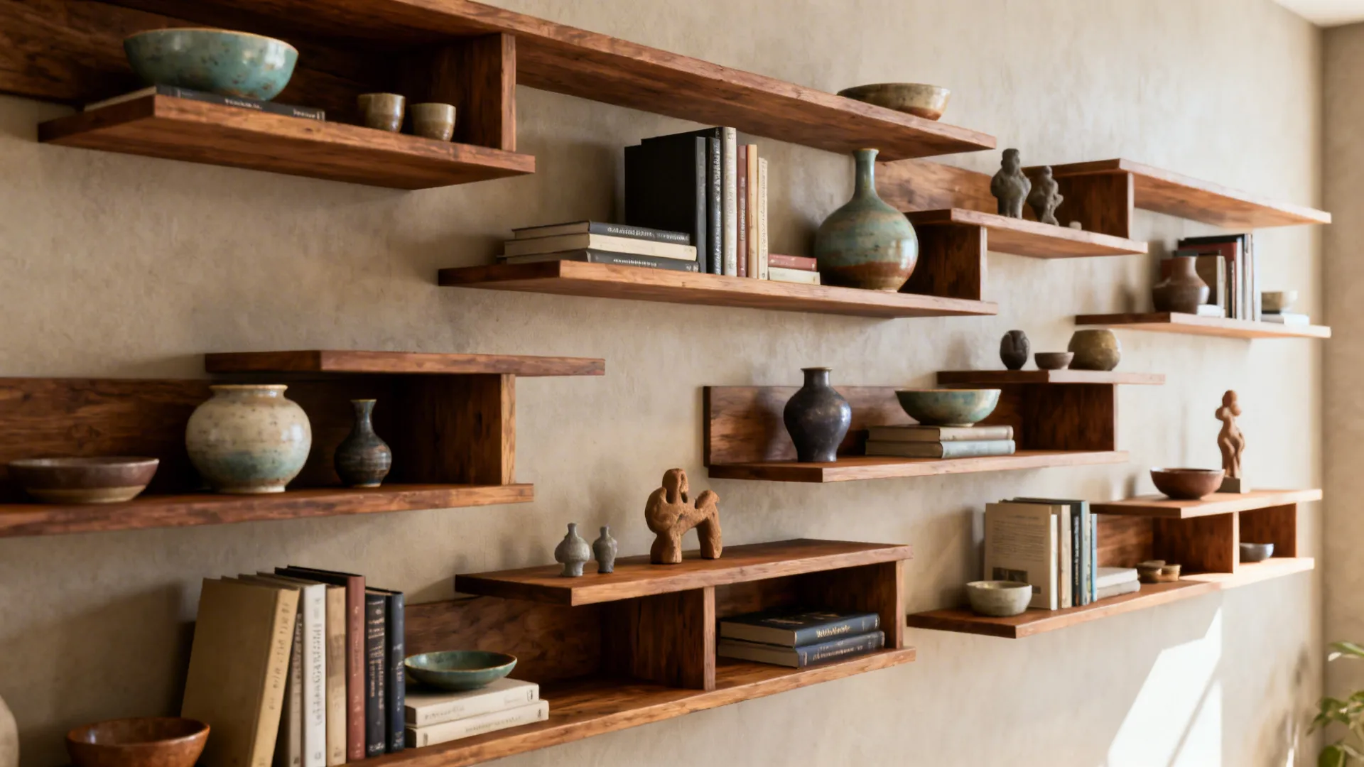 Staggered floating shelves styled with ceramics, books, and plants on a living room wall.