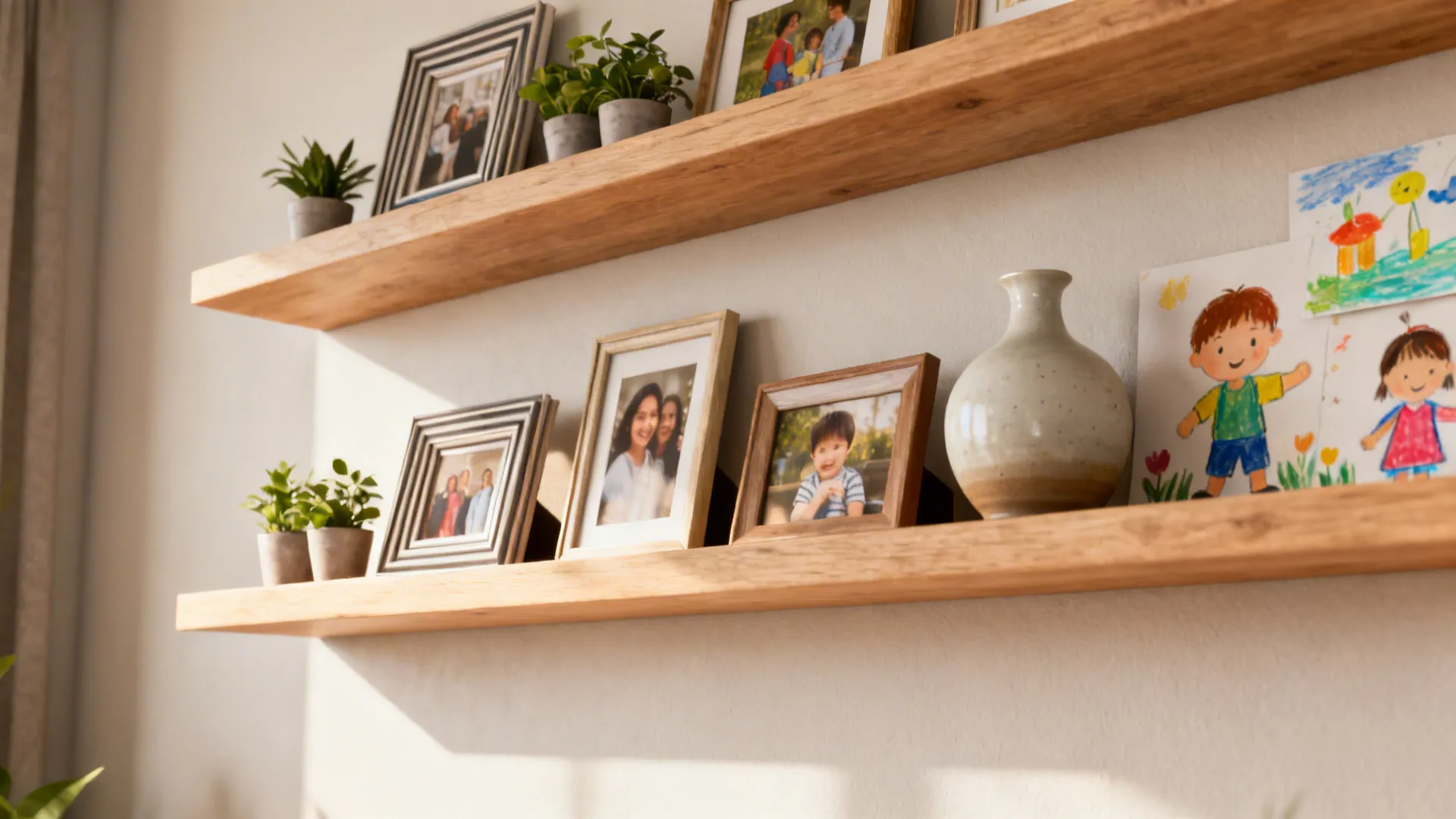 Narrow floating shelves layered with frames, plants and a vase, styled with 3–5 items each.