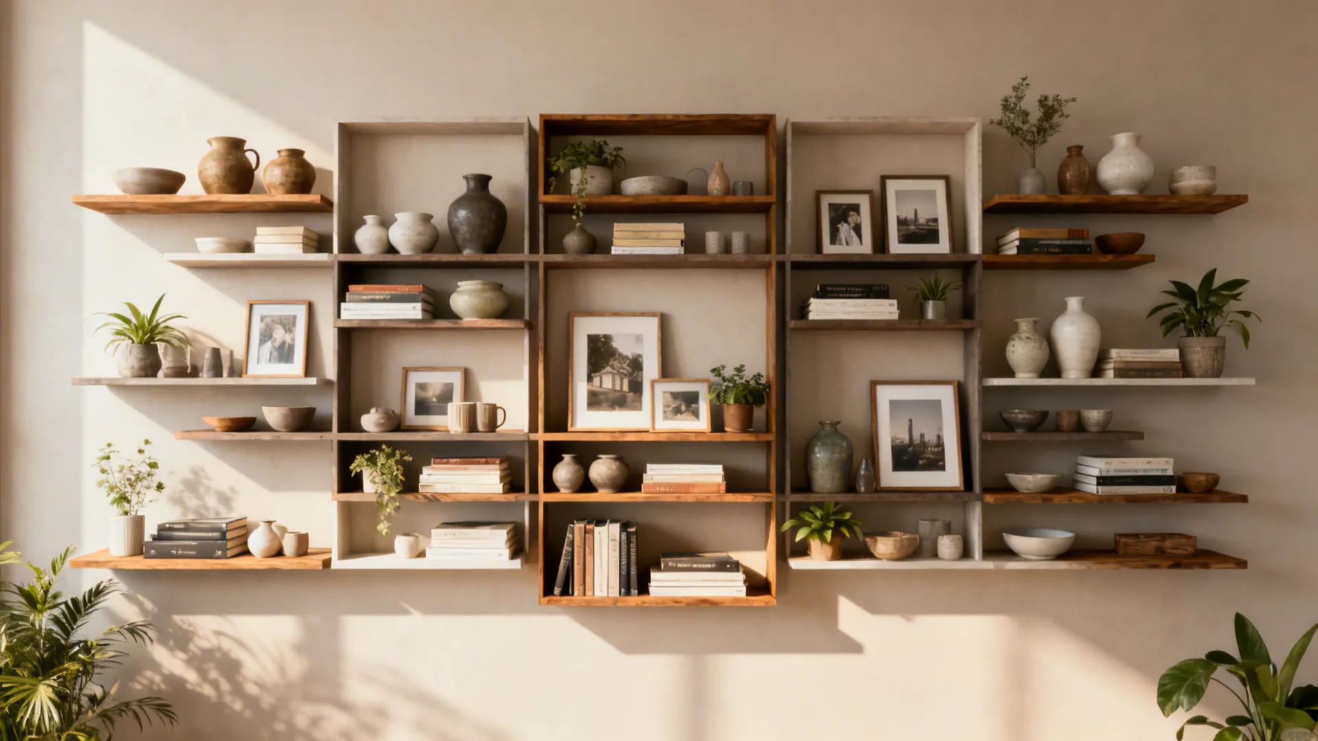 2. Layered shelving with mixed objects