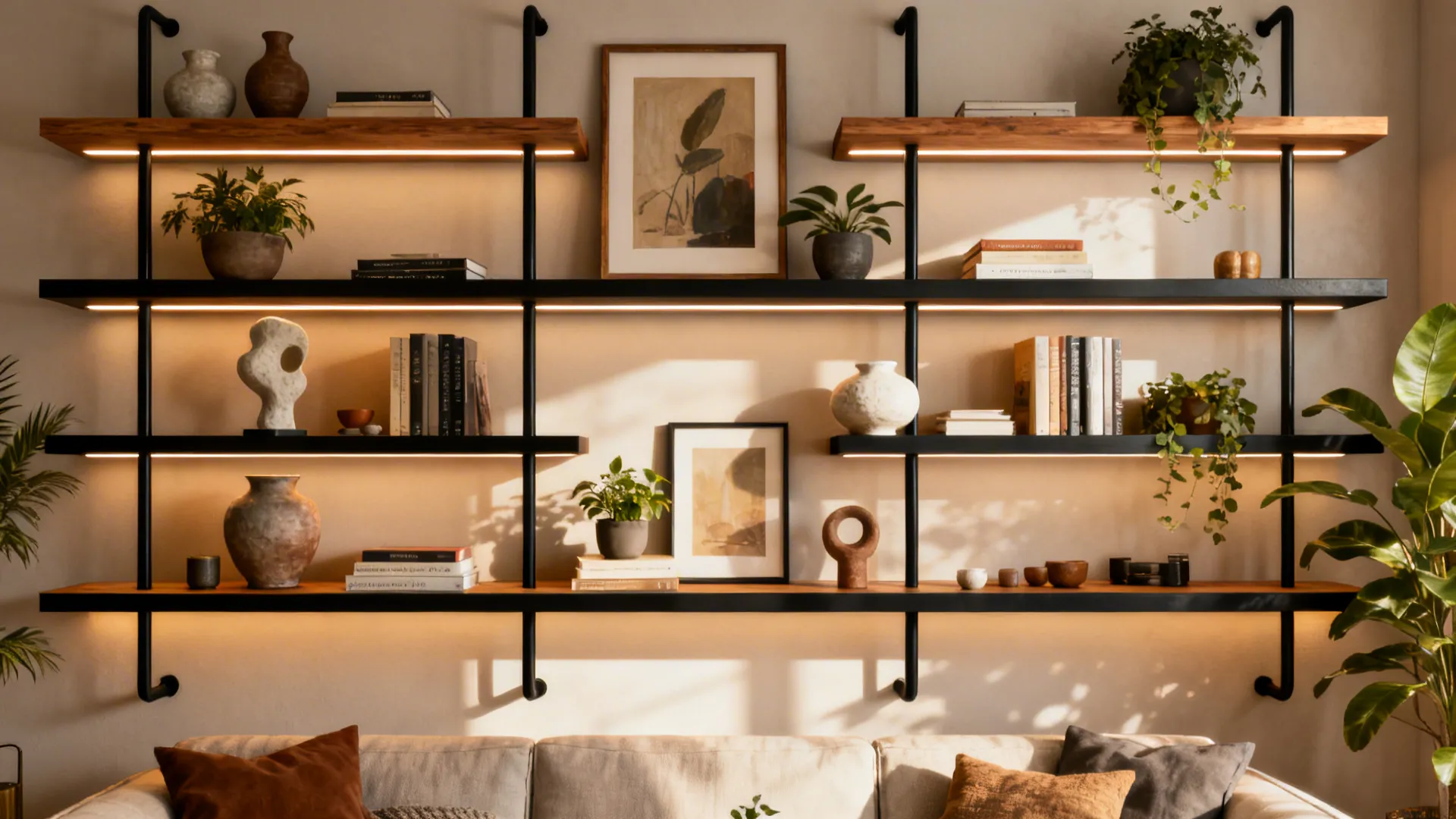 Living room wall with floating shelves, framed art, plants and decorative objects creating layered depth.