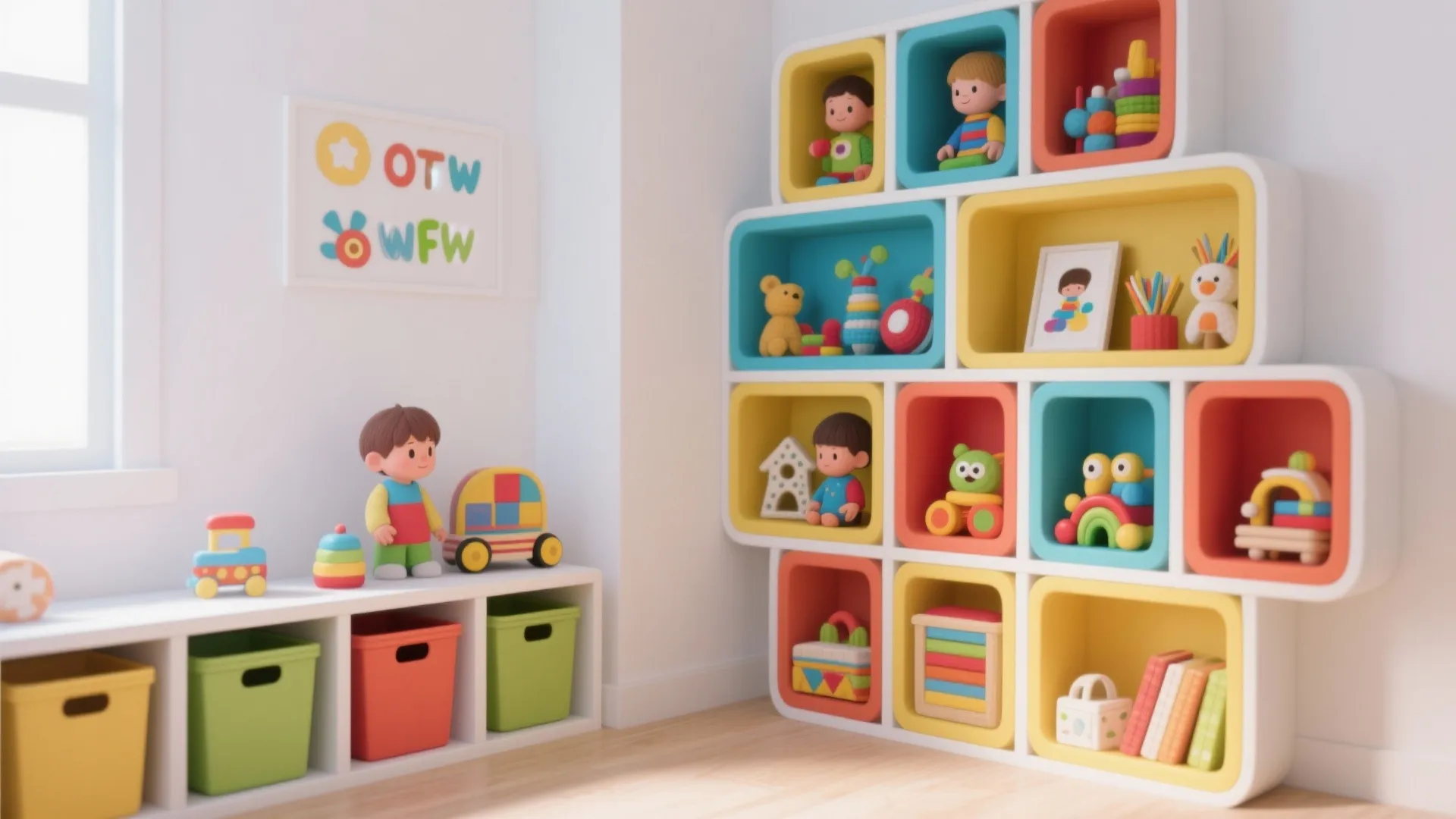 Colorful wall mounted cabinet display with toy figures and books in a bright kids play room