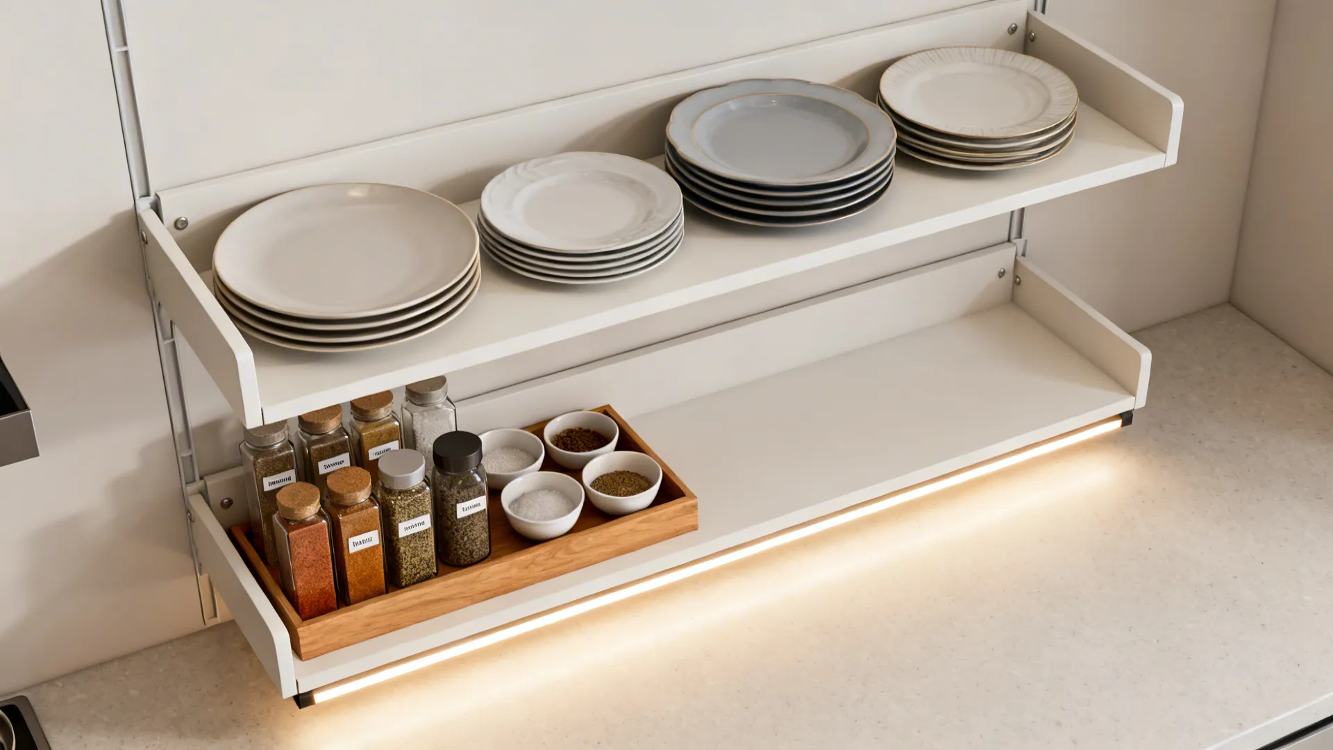 Top-down view of two-tier kitchen shelves with shallow spice shelf below and deeper plate shelf above.