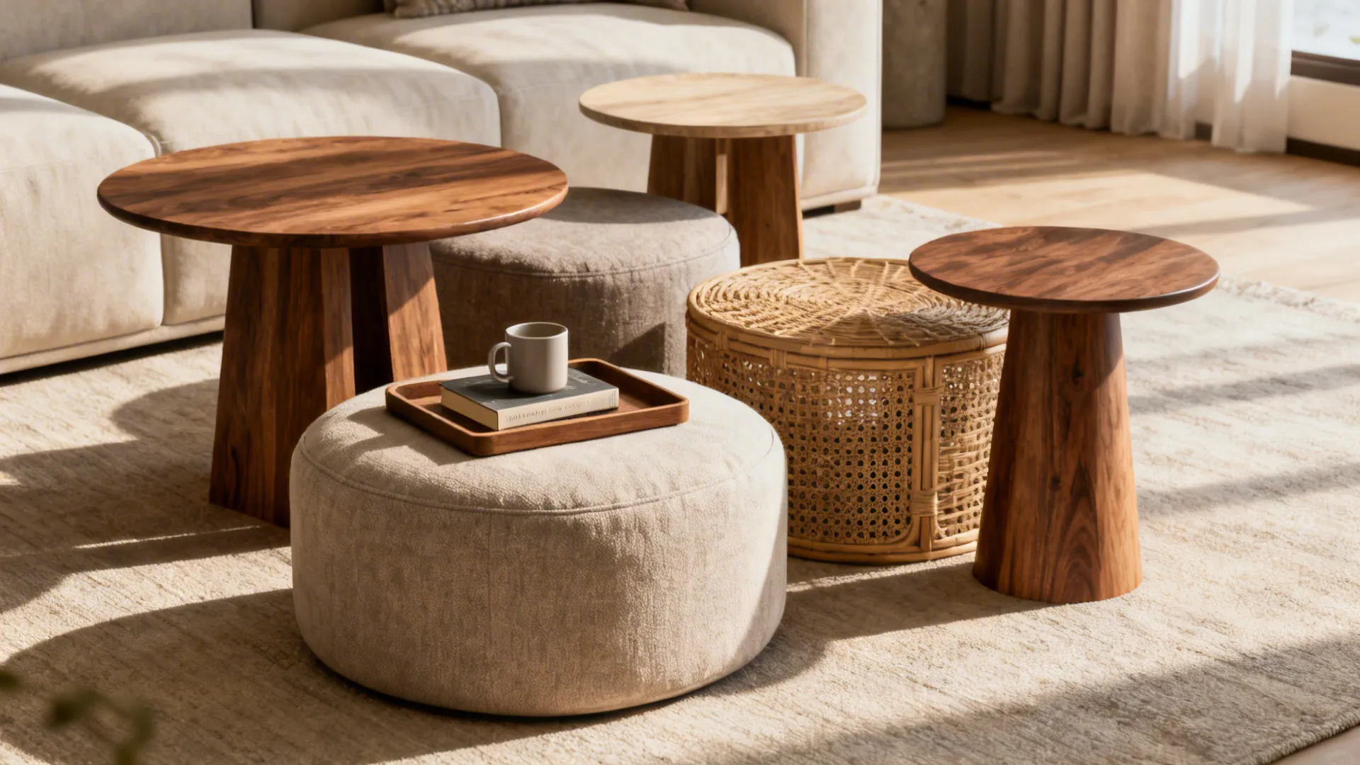 Cluster of side tables and ottomans providing flexible surfaces in a small living room