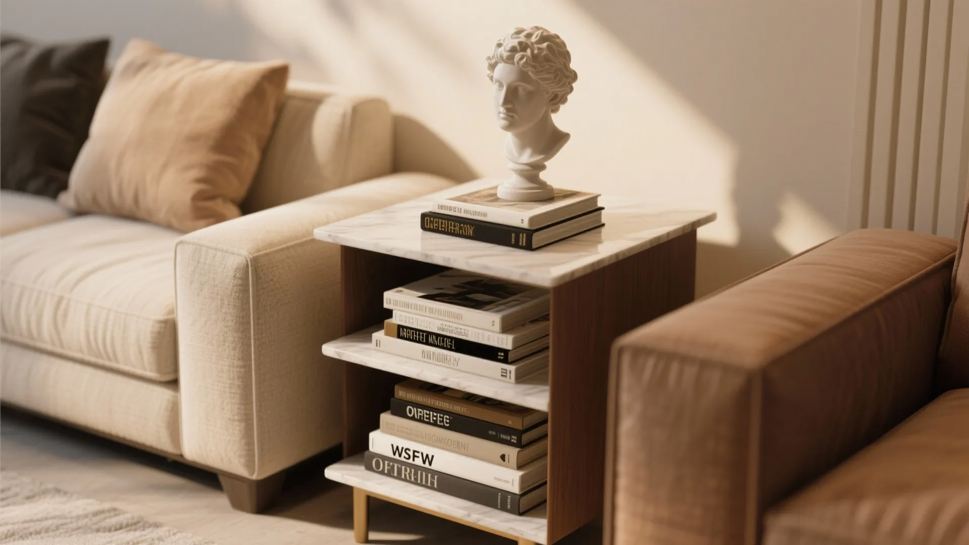 Small white head statue on top of books on a three layer marble side table