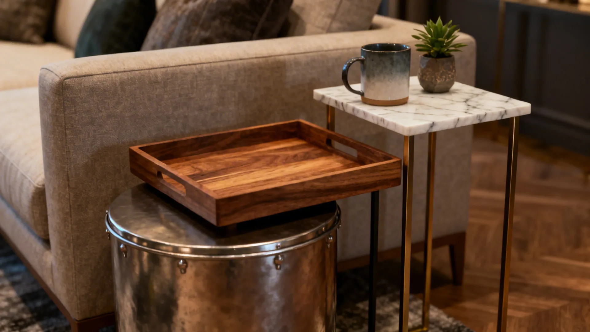 Seating area with multiple side tables of different heights and materials around a sofa.