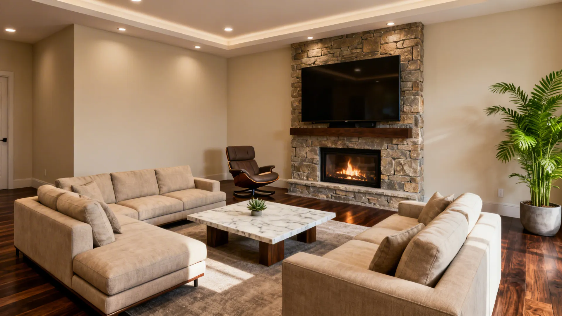 Living room with seating angled to balance views of the fireplace and TV, creating layered sightlines.