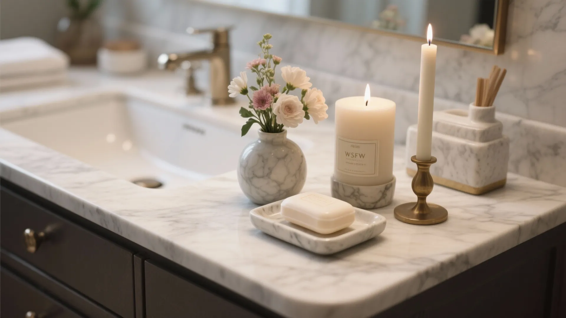 Marble bathroom counter with white flowers in vase lit candles soap dish and a gold faucet