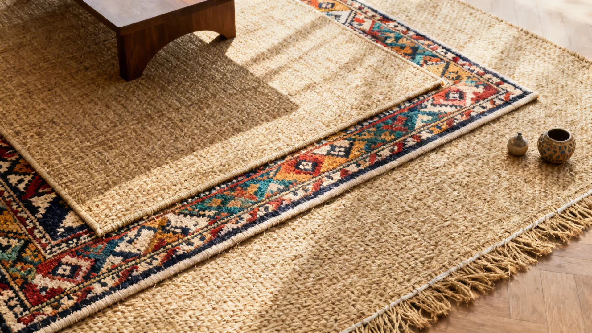 Top-down view of a large sisal rug layered with an 8x10 patterned rug showing contrasting textures.