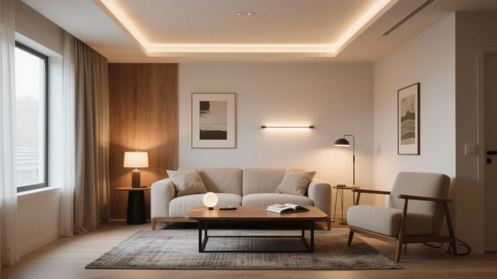 Cozy living room with beige sofa armchair wooden coffee table grey rug and warm wall light