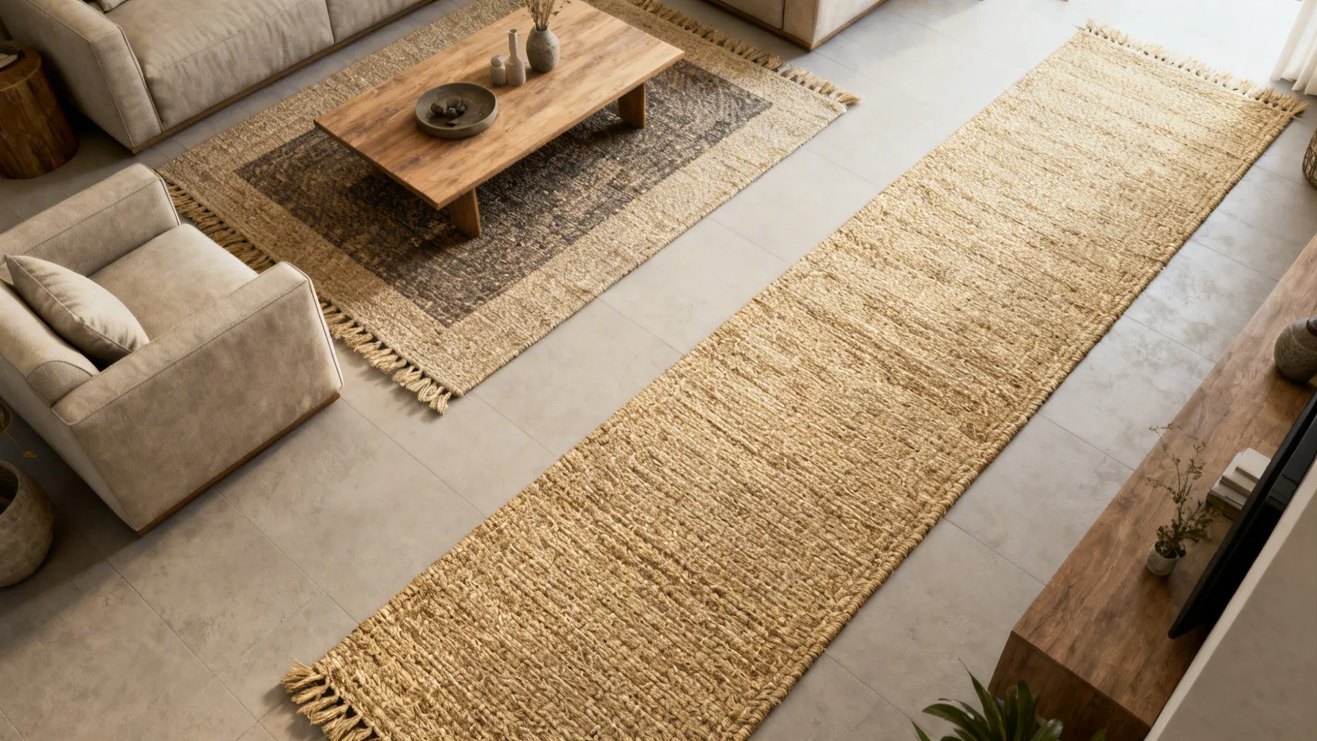 Top-down view of layered small rugs: a coffee-table rug and a runner defining pathways in a tight layout