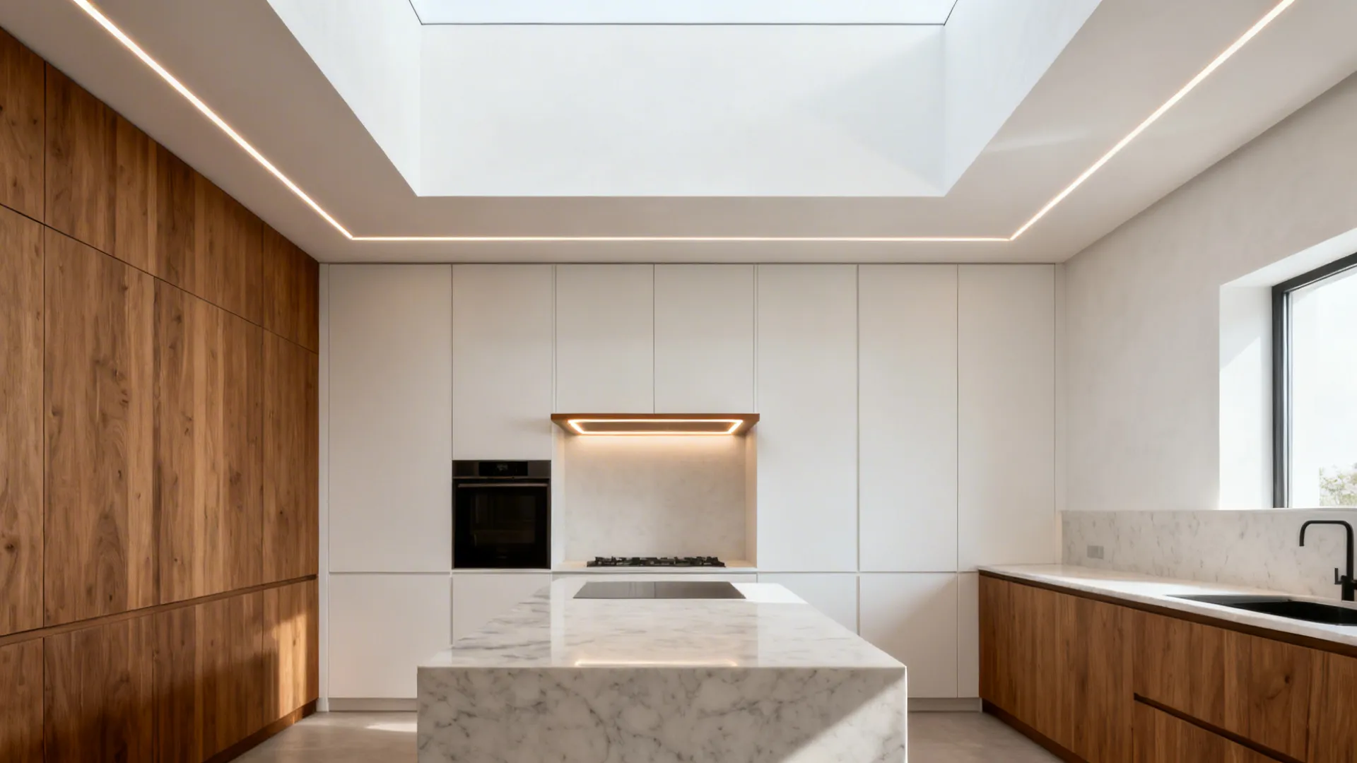 Open kitchen with a shallow perimeter soffit and higher center tray, featuring continuous linear LEDs that frame the cook space.