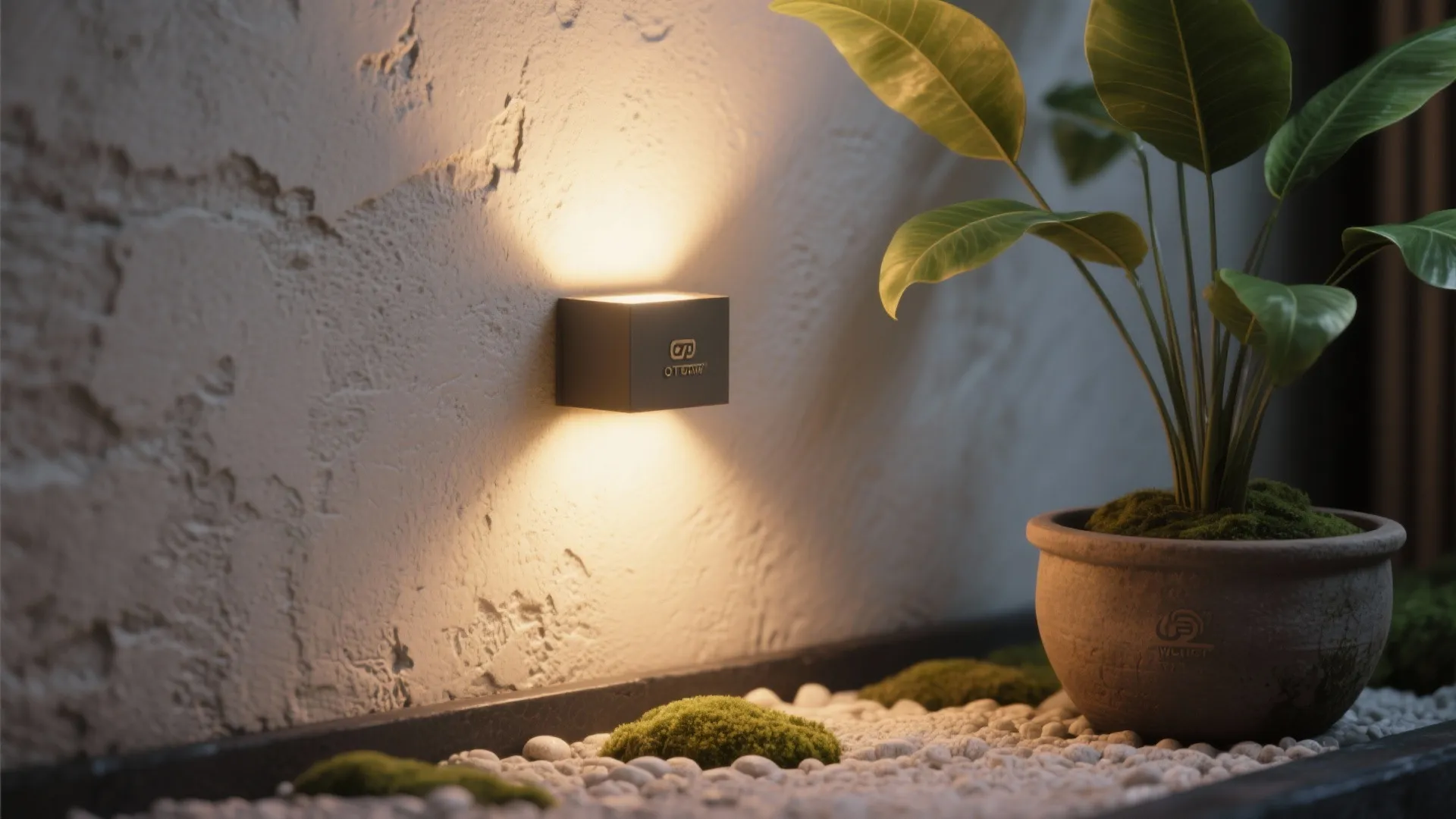 Close-up of warm layered wall lighting softly illuminating textured wall and plant.