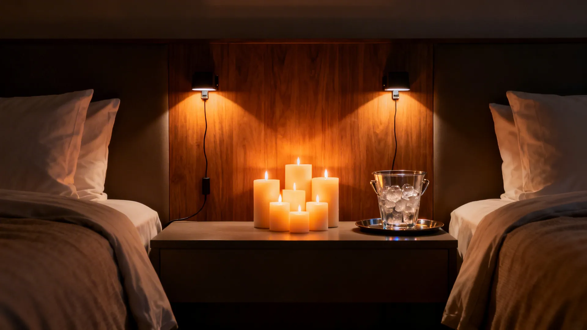 Hotel bed with hidden clip lights and flameless candles creating a soft amber glow.