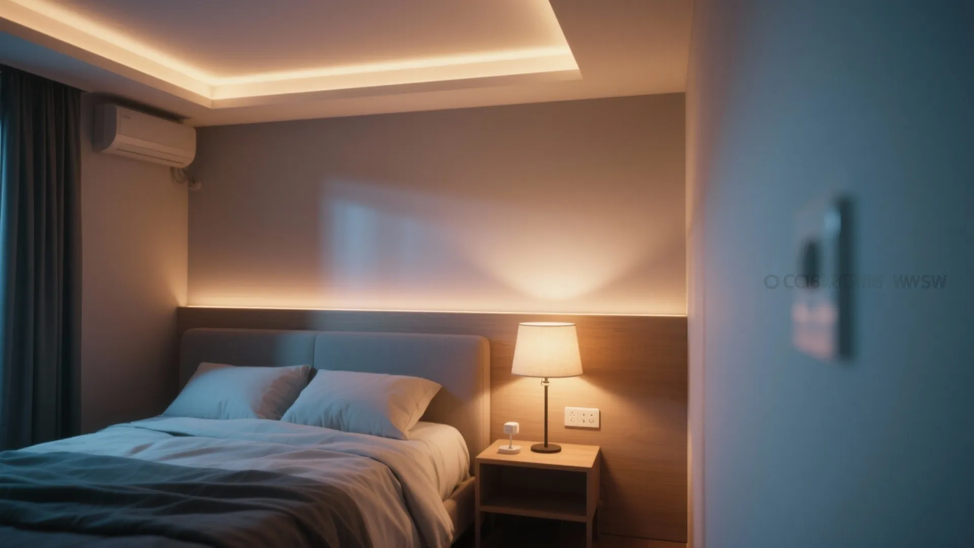 Modern bedroom with warm hidden light strips on ceiling and headboard next to table lamp
