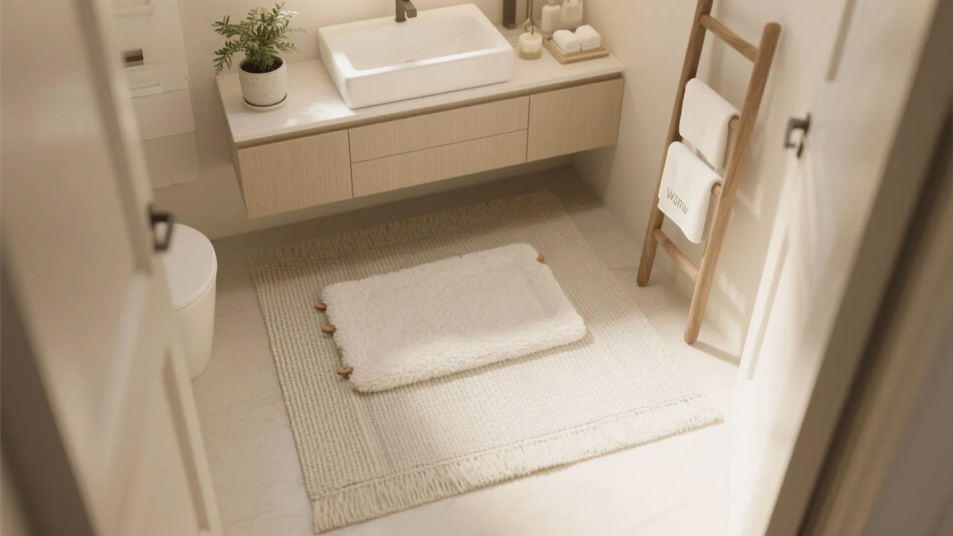 3. Layered off-white rugs for a spa vibe