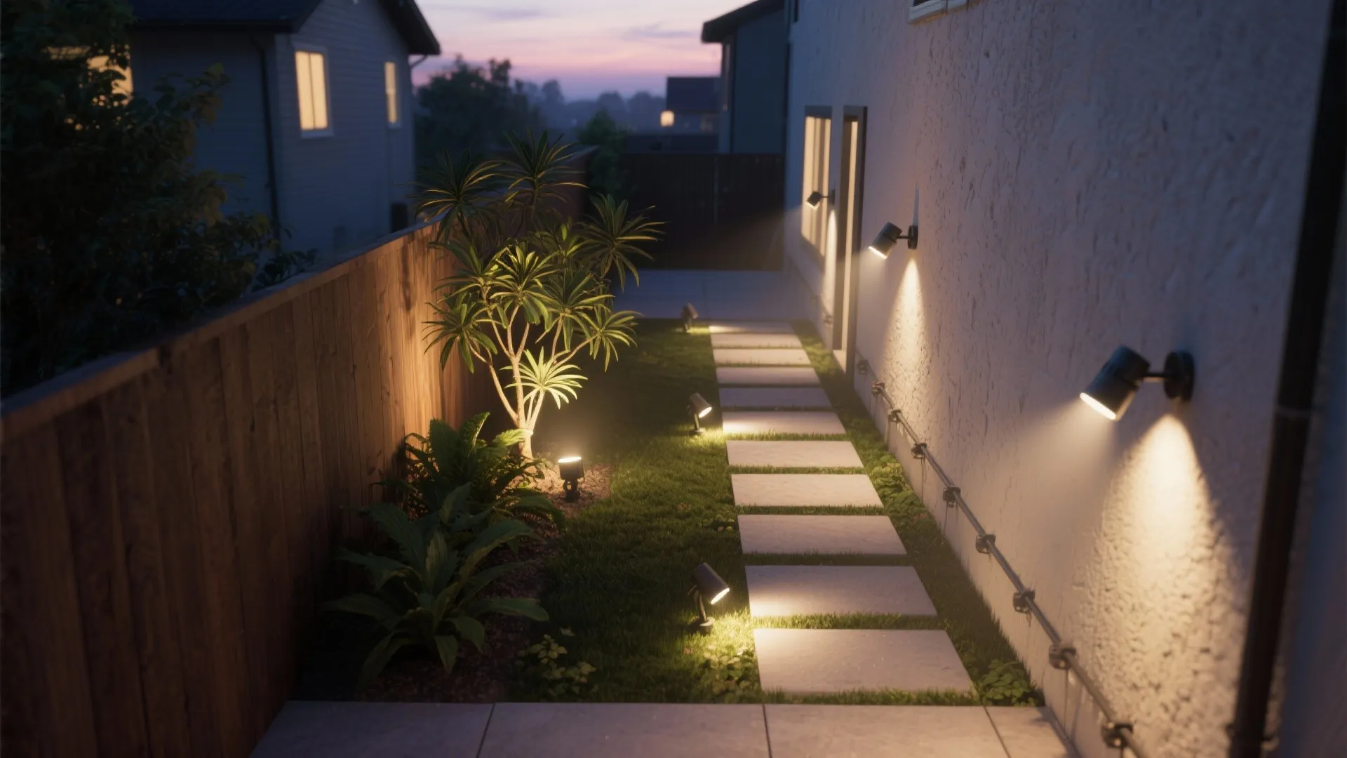 Outdoor garden path with stone tiles illuminated by several small black ground and wall lights