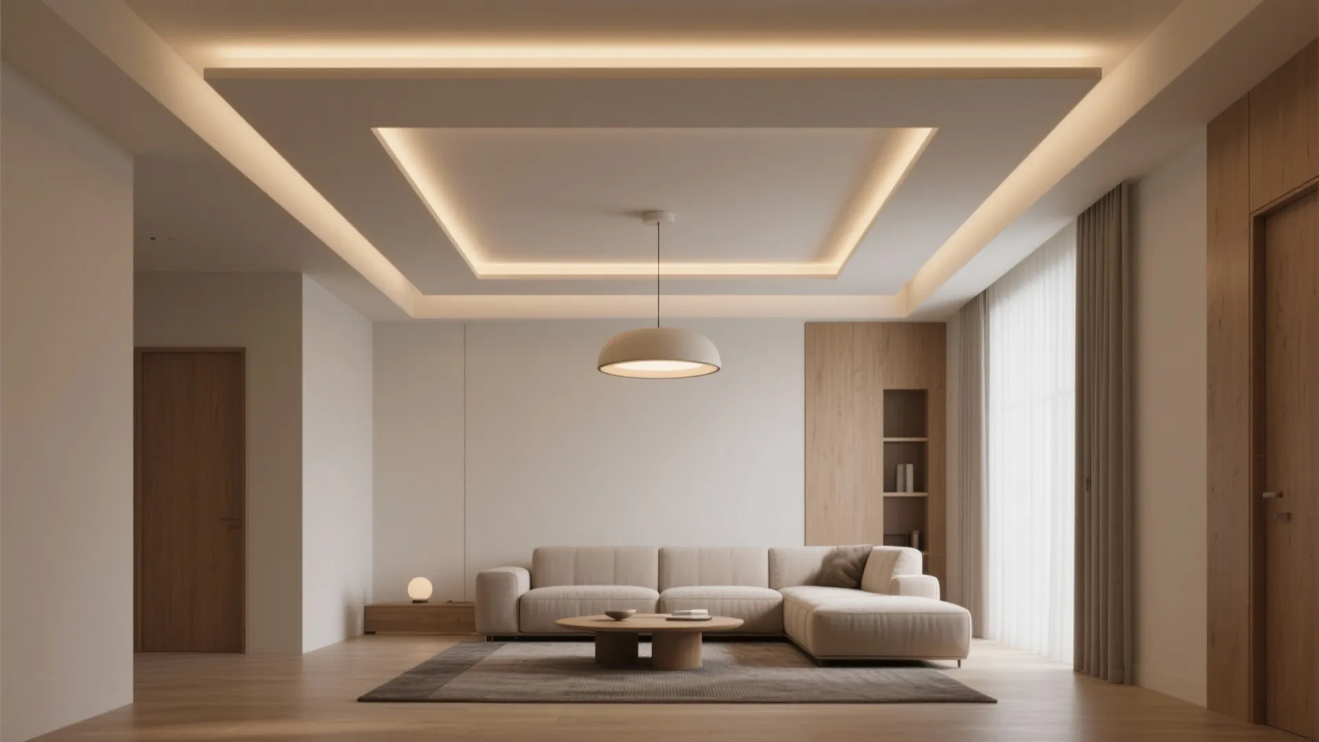 Layered POP squares with a clean shadow gap framing the seating area in a square hall.