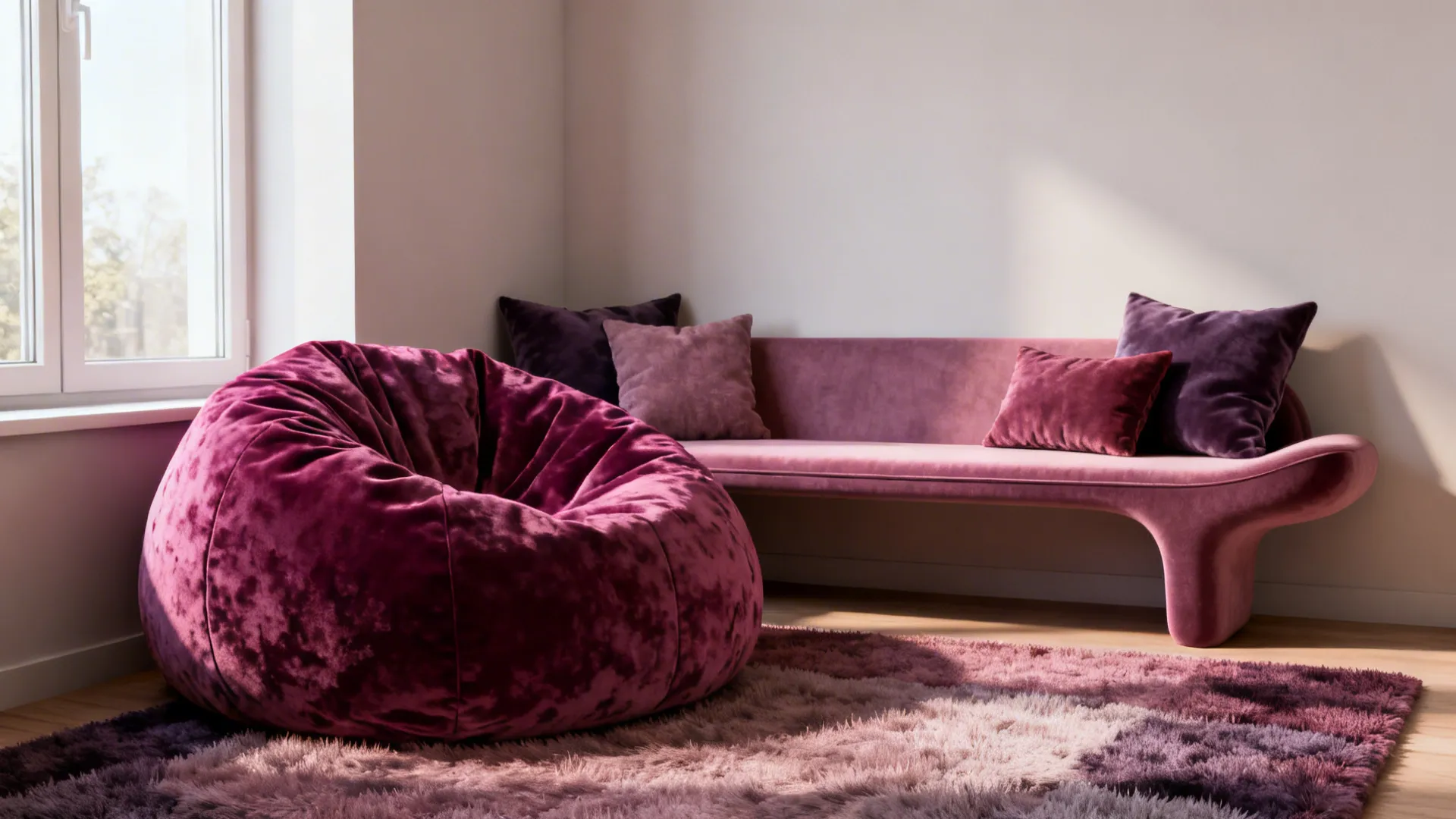 Layered seating with a large jewel-toned bean bag and slim sofa in a compact studio