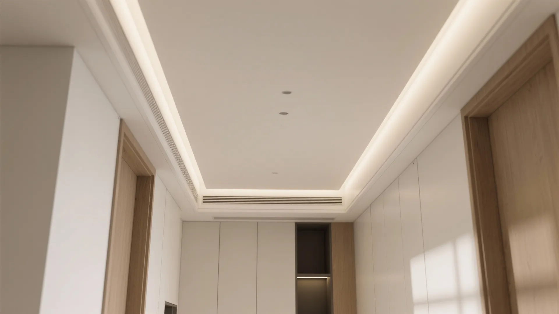 Top-down view of a stepped ceiling border with concealed lighting and hidden service channel in a tidy hall.