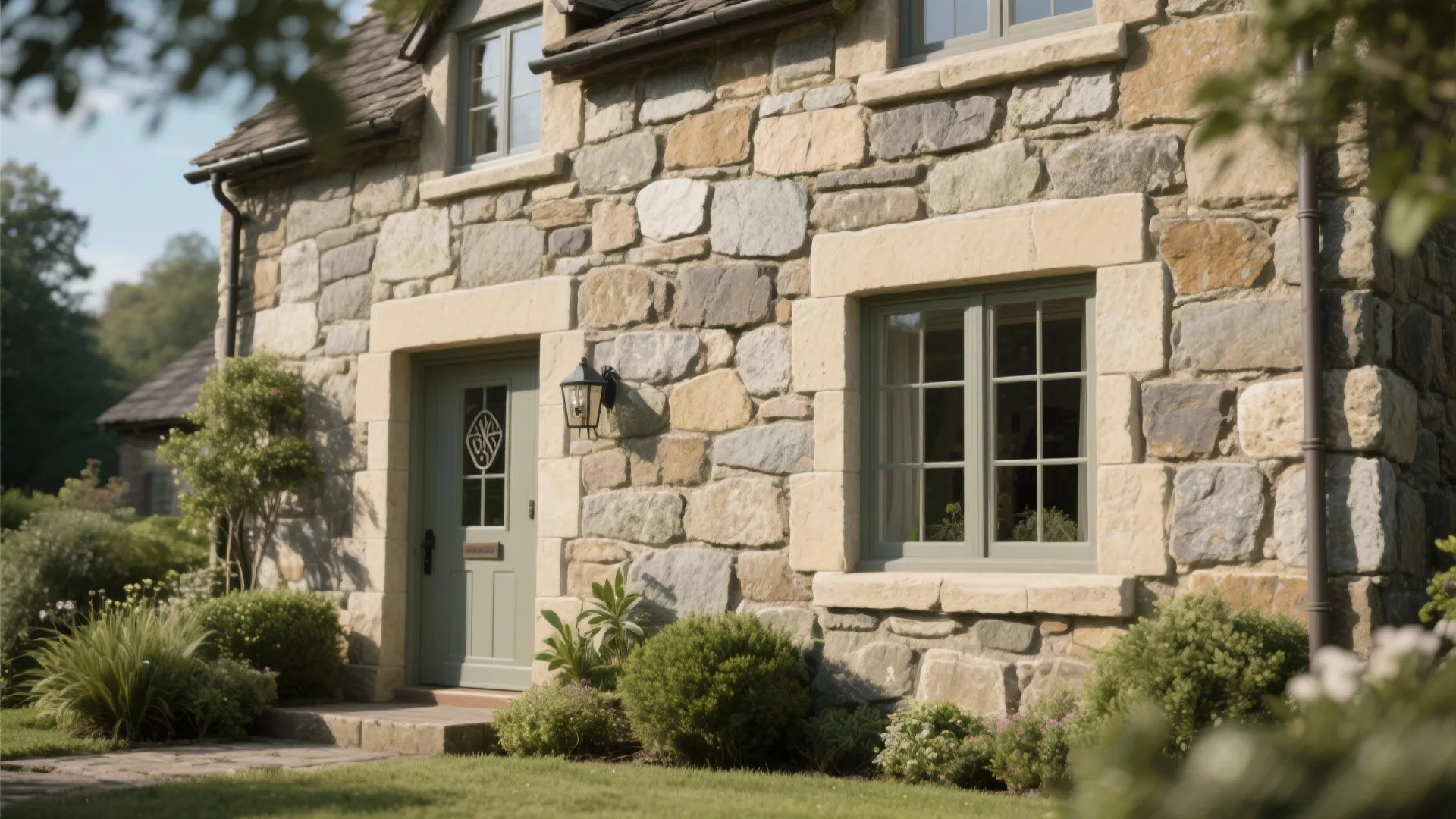 Traditional stone house exterior with a green front door plus matching green window frames and bushes