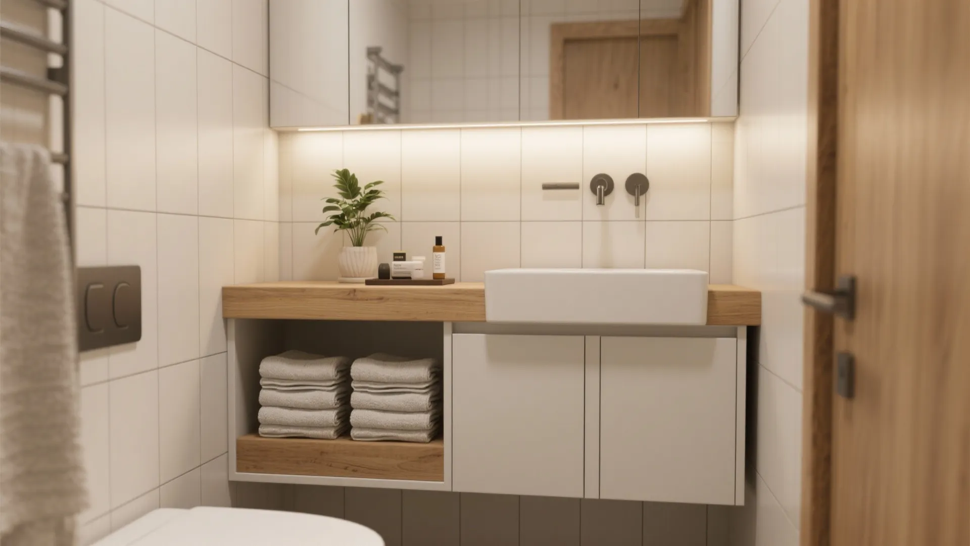 Modern bathroom vanity with wooden top white sink stacked towels small plant and lighted mirror