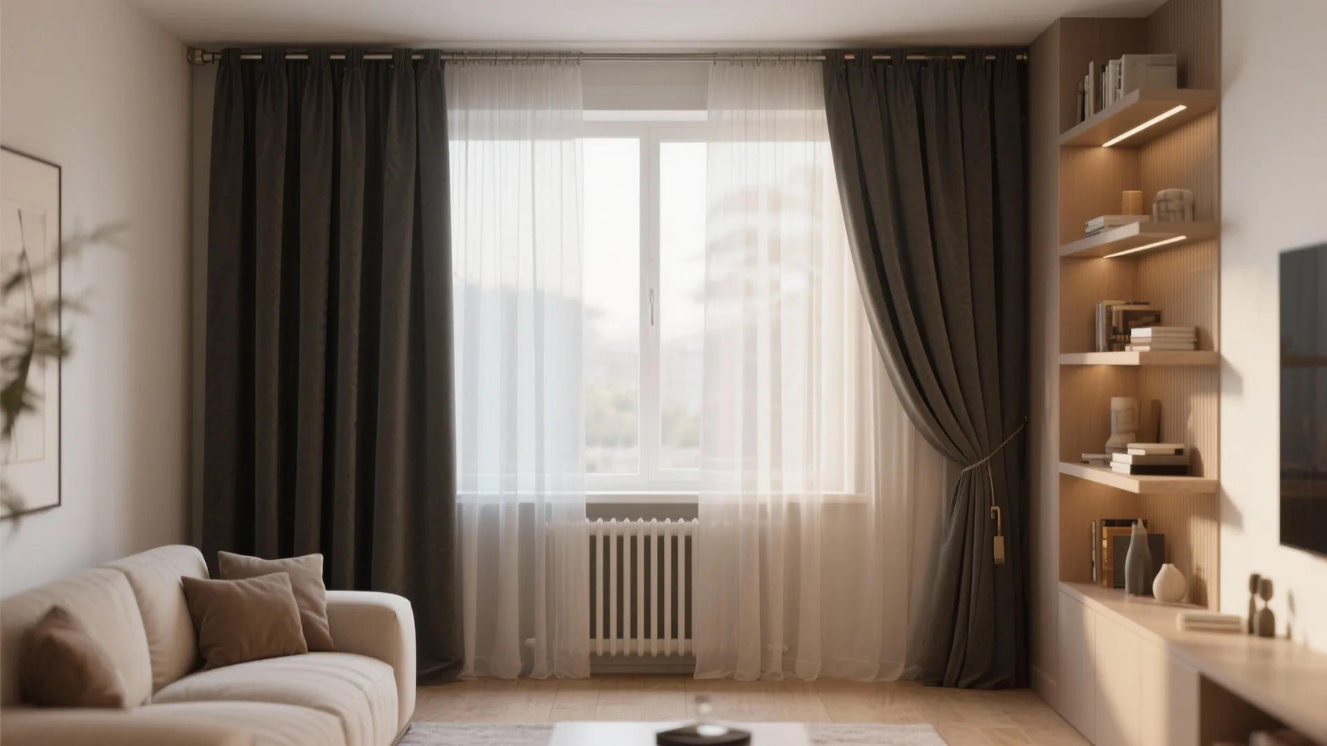 Living room window with white sheer curtains and dark grey drapes next to wooden storage shelves