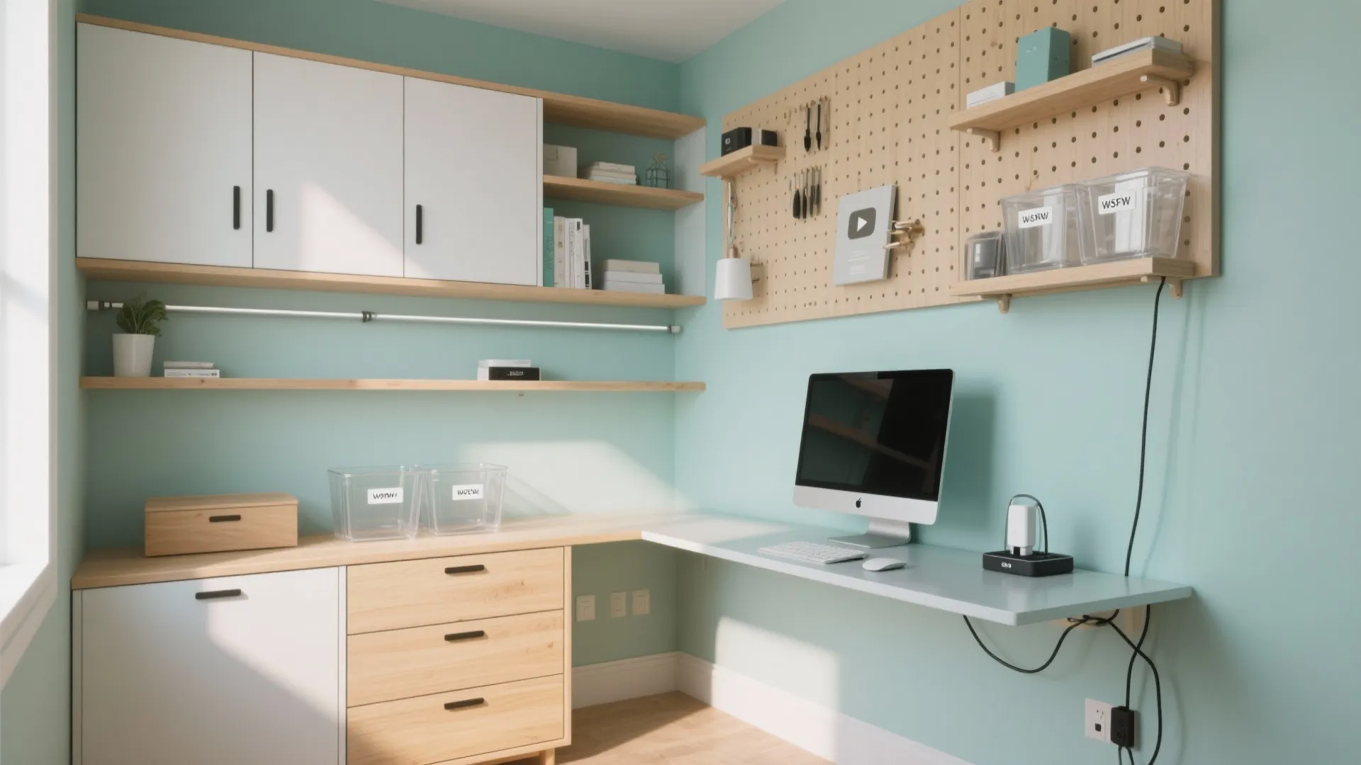 L-shaped workspace with mint green walls wooden storage cabinets pegboard organizer and a desktop computer setup