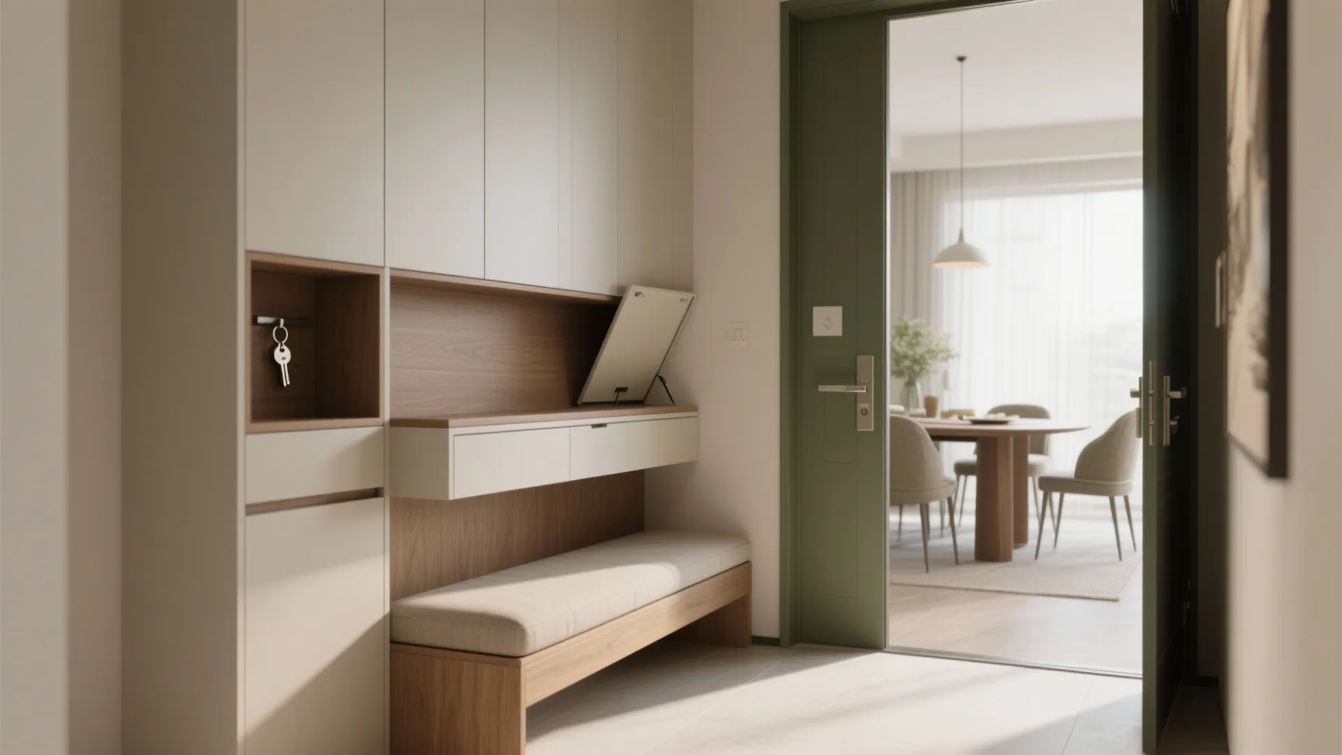 Entryway with white cabinet storage wooden bench green door and view of the dining table