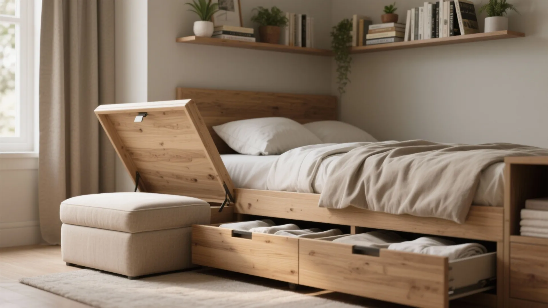 1. Layered storage with multifunctional furniture