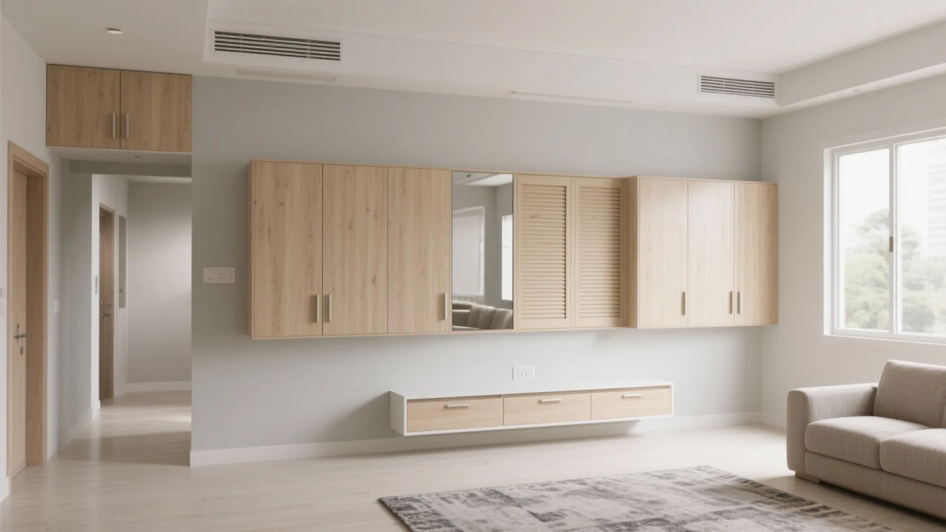 Minimalist living room with light wood wall cabinets floating tv unit beige sofa and grey rug