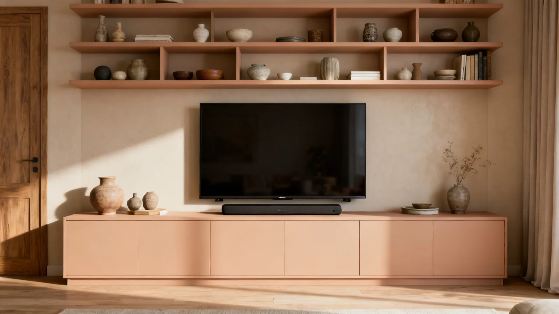 Centered media wall with a 55 inch TV, matching low cabinets and open shelving with curated decor