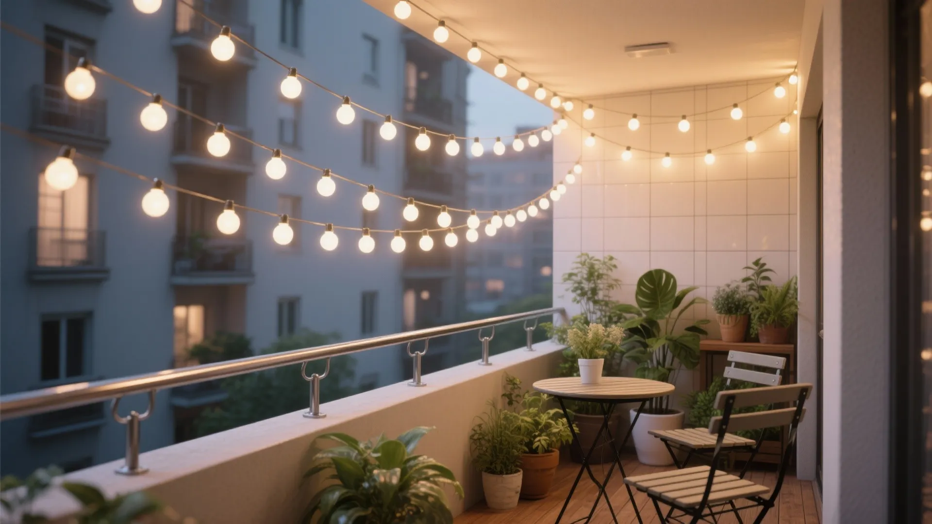 Warm LED string lights with layered heights