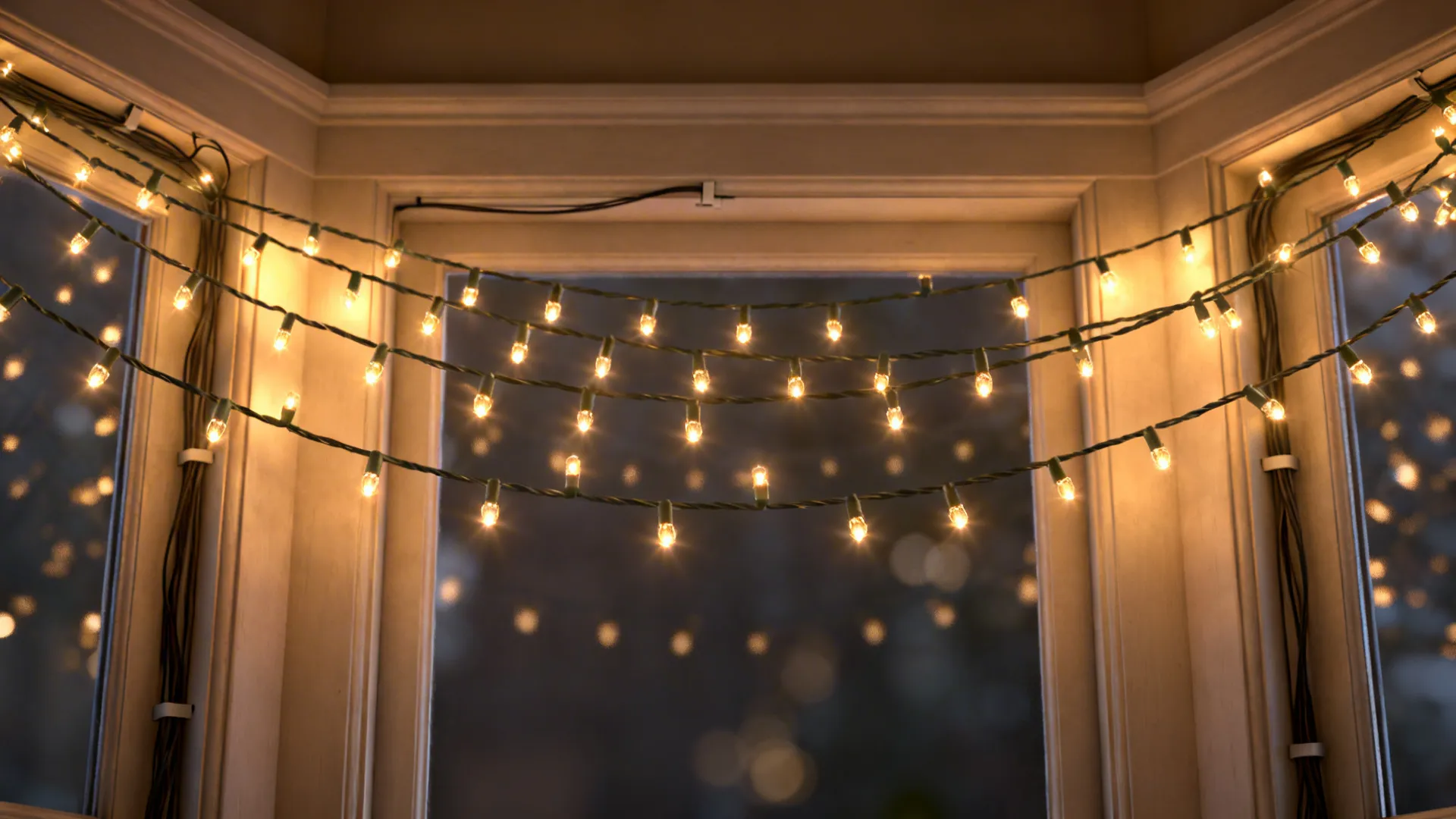 Close-up of staggered warm LED fairy light strands across a bay window with hidden cords.