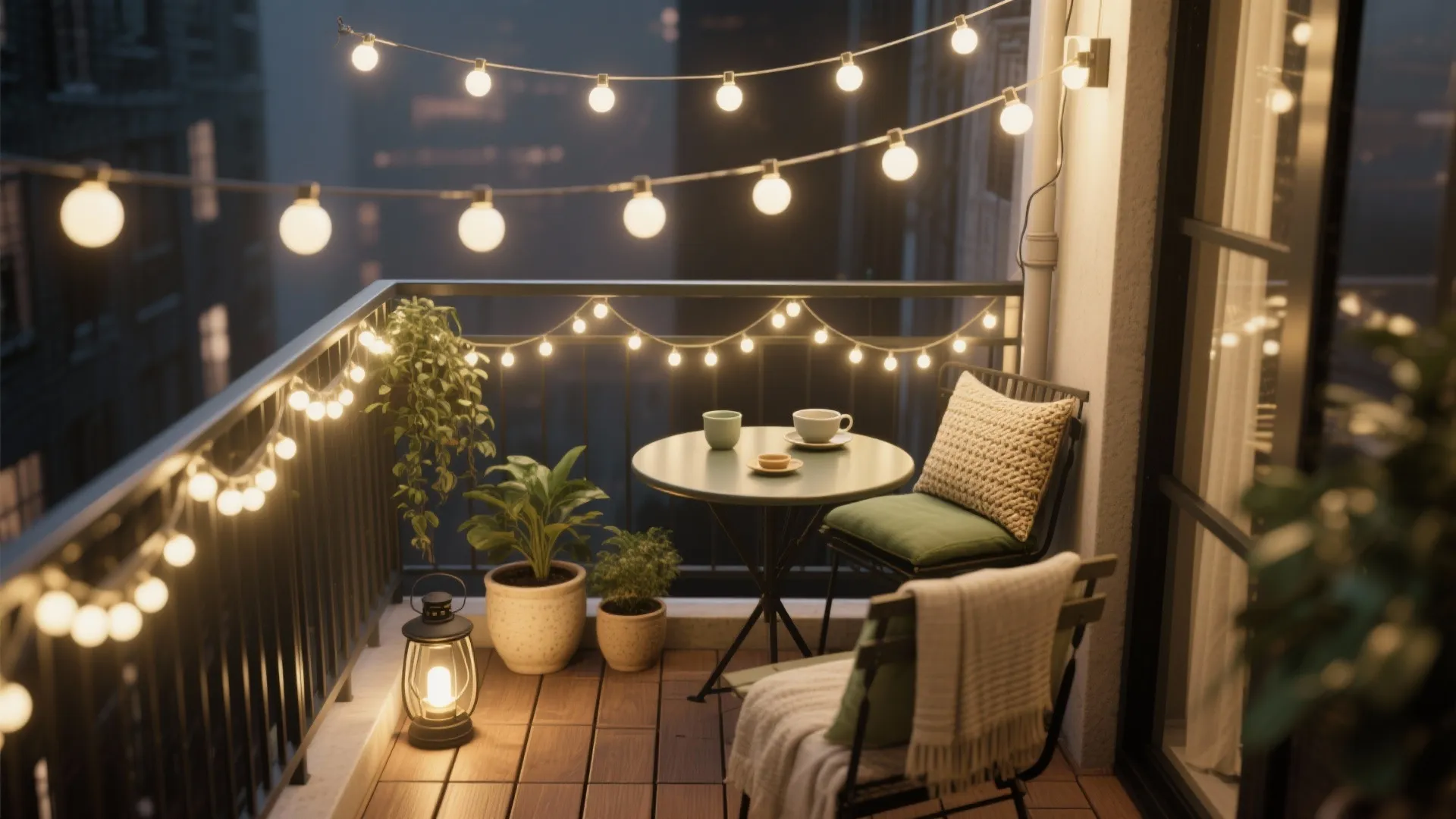 Cozy balcony at night featuring hanging string lights, small table, two chairs, and potted plants