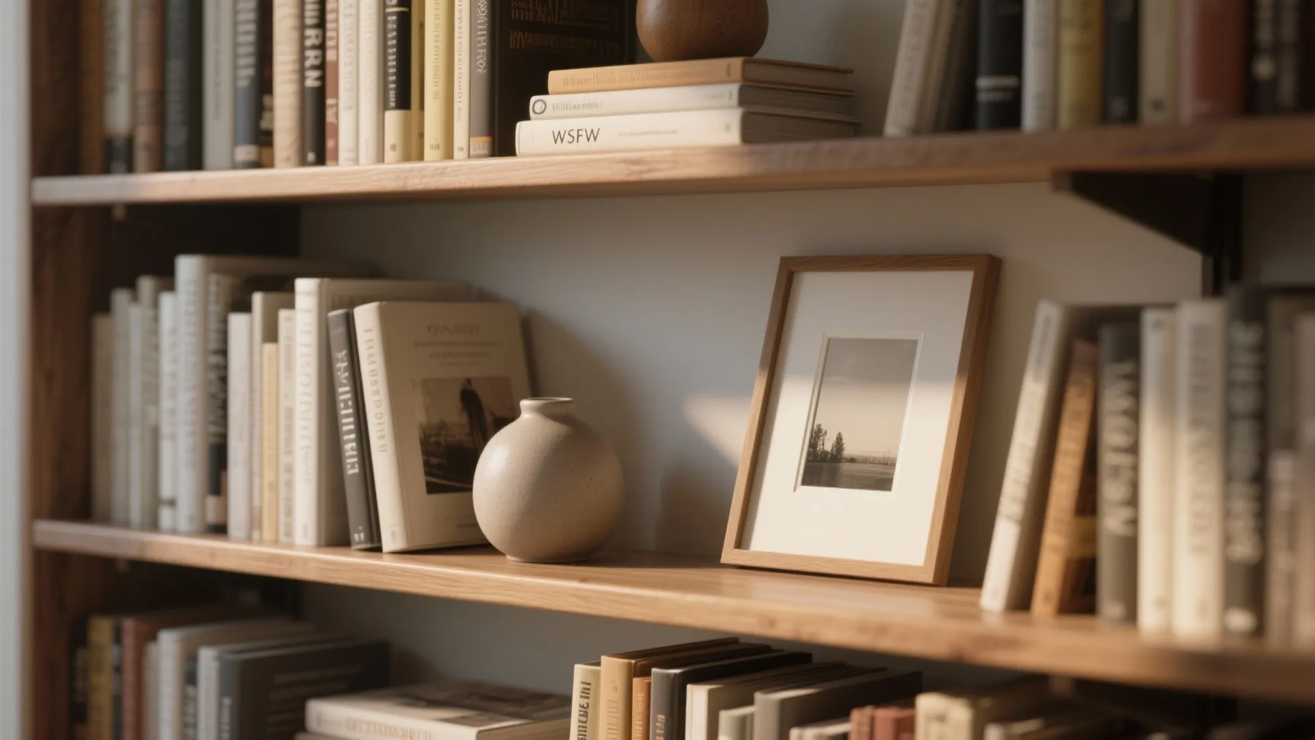 Wooden bookshelf with rows of books a small white vase and a square picture frame