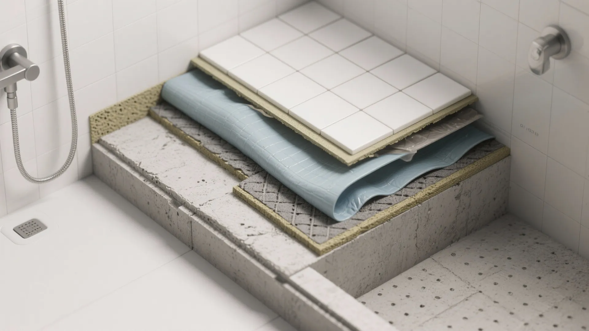Cross section showing different layers of bathroom floor tiles including waterproof blue sheet and concrete